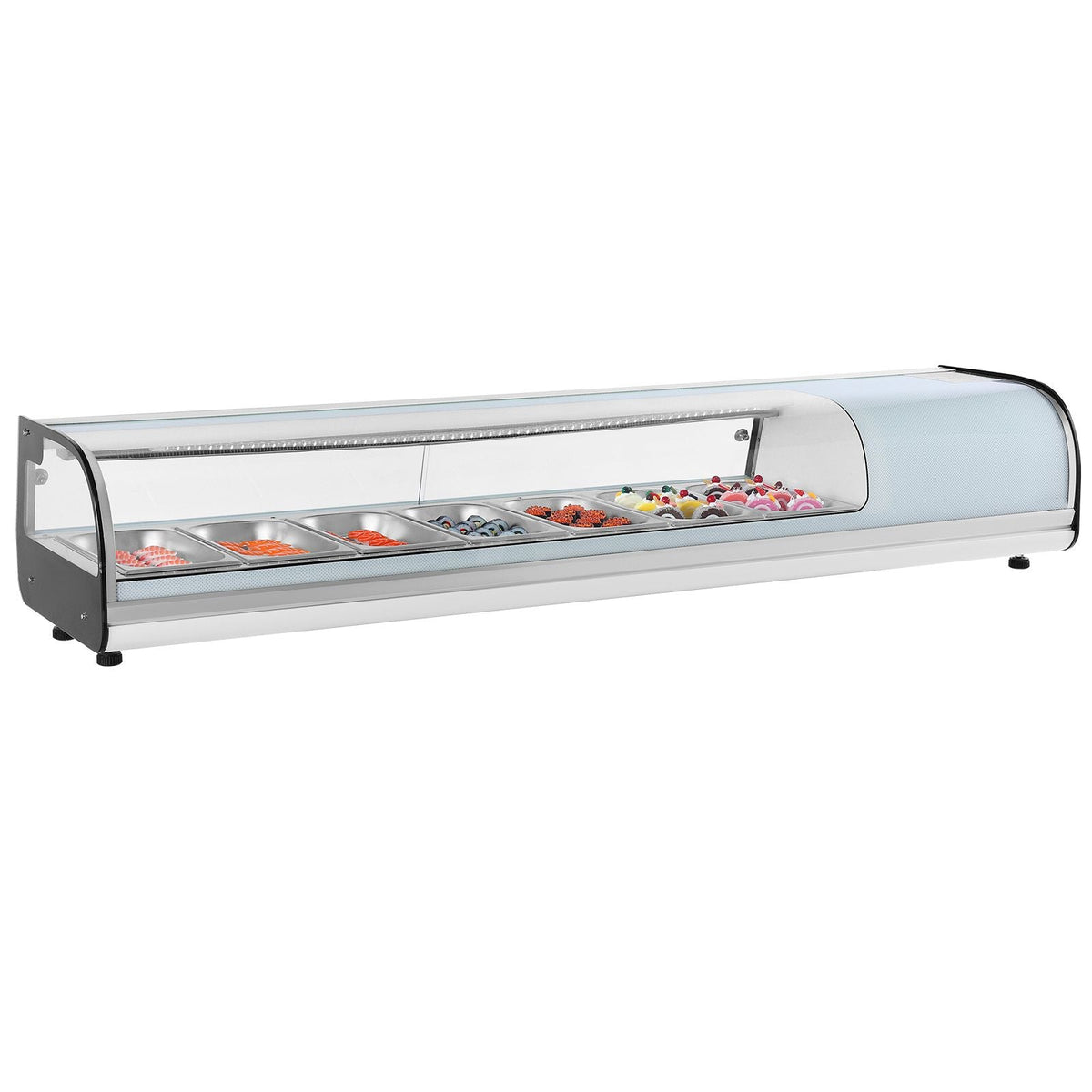 Sushi Display Case Refrigerator, 2.5 Cu.ft Commercial Sushi Case, 7-Pan Countertop Showcase with Curved Glass, LED Lighting, and Digital Temperature Control, for Sushi-Bar, Restaurant, Store