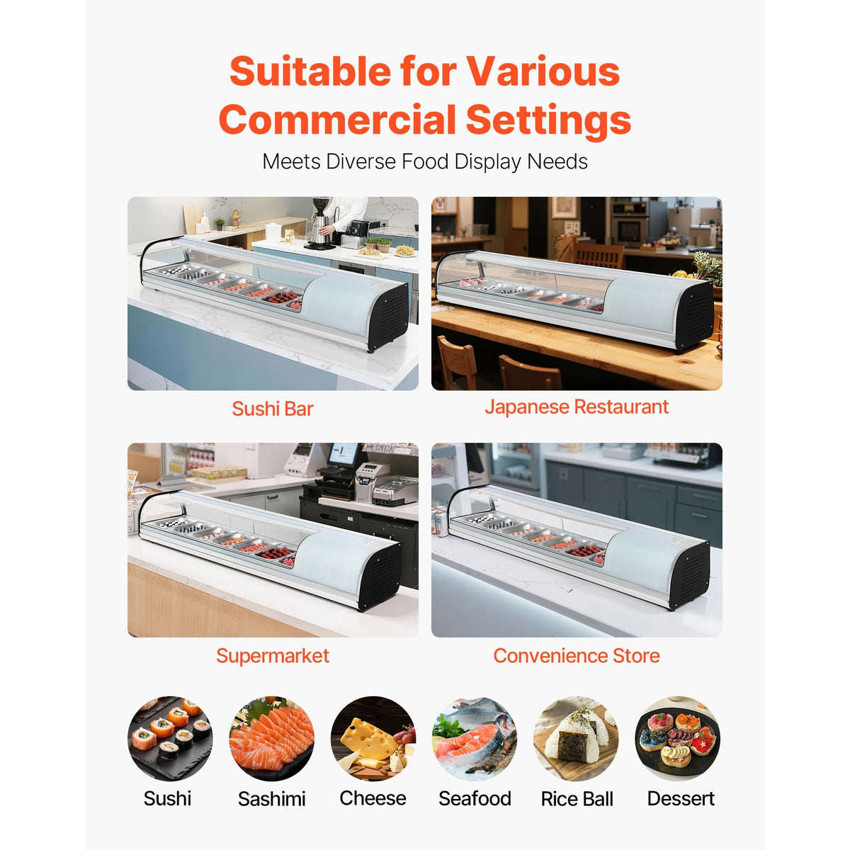 Sushi Display Case Refrigerator, 2.5 Cu.ft Commercial Sushi Case, 7-Pan Countertop Showcase with Curved Glass, LED Lighting, and Digital Temperature Control, for Sushi-Bar, Restaurant, Store
