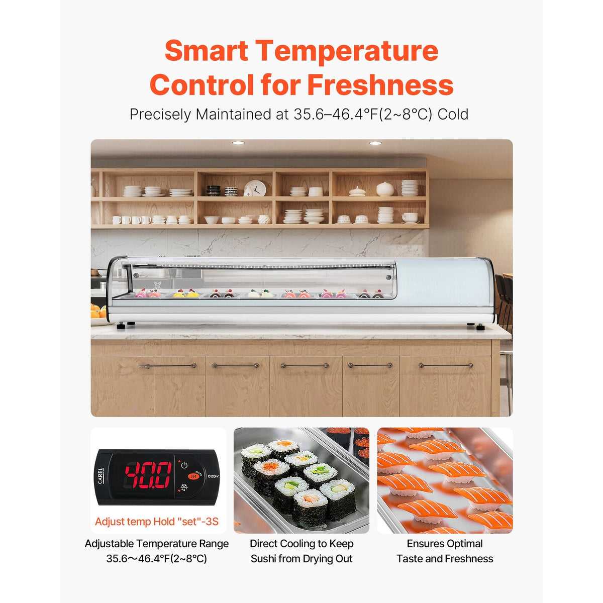 Sushi Display Case Refrigerator, 2.5 Cu.ft Commercial Sushi Case, 7-Pan Countertop Showcase with Curved Glass, LED Lighting, and Digital Temperature Control, for Sushi-Bar, Restaurant, Store