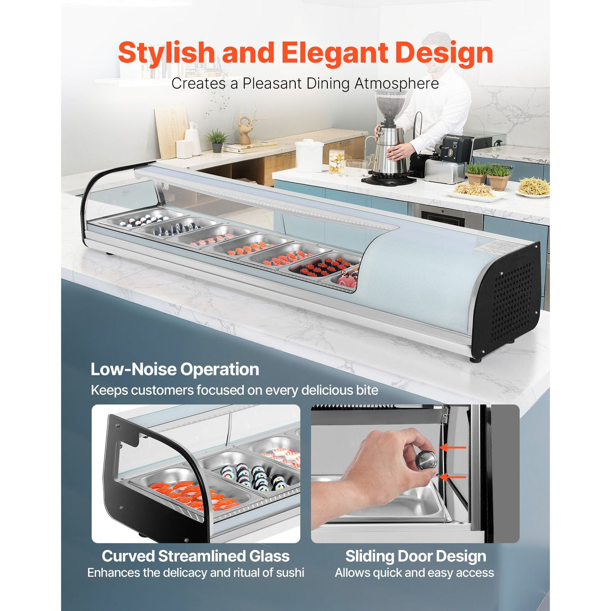 Sushi Display Case Refrigerator, 2.5 Cu.ft Commercial Sushi Case, 7-Pan Countertop Showcase with Curved Glass, LED Lighting, and Digital Temperature Control, for Sushi-Bar, Restaurant, Store