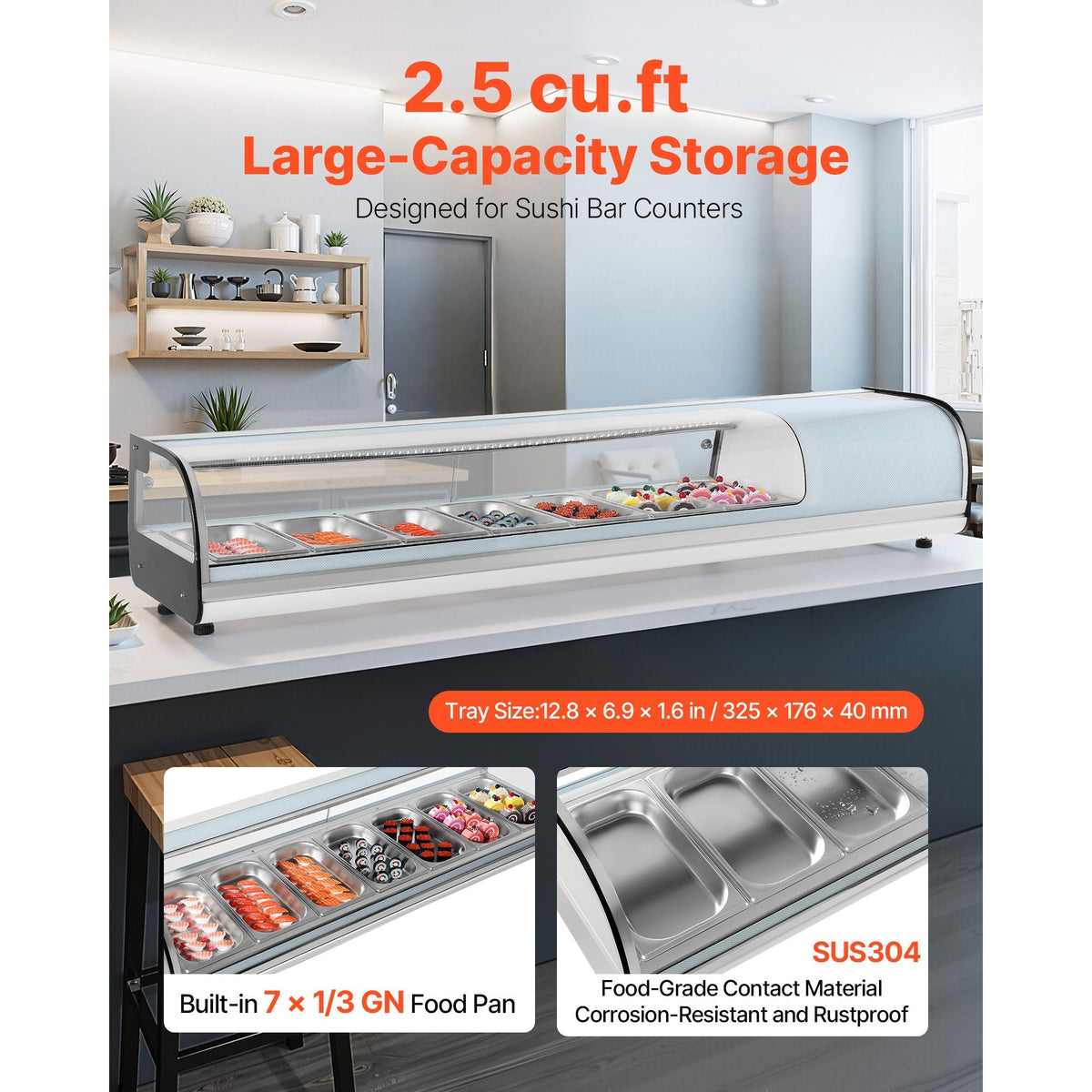 Sushi Display Case Refrigerator, 2.5 Cu.ft Commercial Sushi Case, 7-Pan Countertop Showcase with Curved Glass, LED Lighting, and Digital Temperature Control, for Sushi-Bar, Restaurant, Store