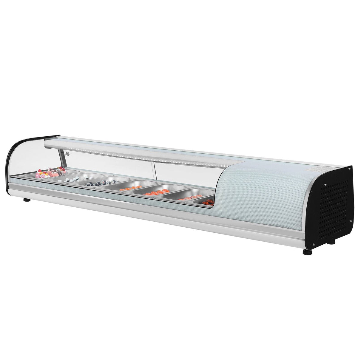 Sushi Display Case Refrigerator, 2.5 Cu.ft Commercial Sushi Case, 7-Pan Countertop Showcase with Curved Glass, LED Lighting, and Digital Temperature Control, for Sushi-Bar, Restaurant, Store