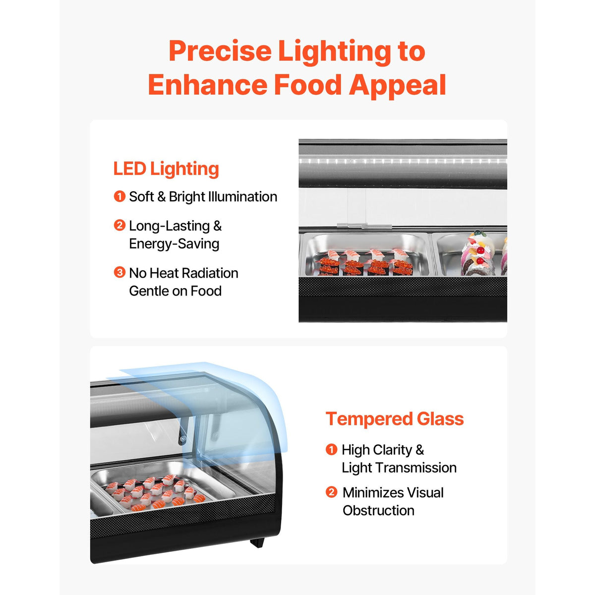 Sushi Display Case Refrigerator, 2.9 Cu.ft Commercial Sushi Case, 5-Pan Countertop Showcase with Curved Glass, LED Lighting, and Digital Temperature Control, for Sushi-Bar, Restaurant, Store