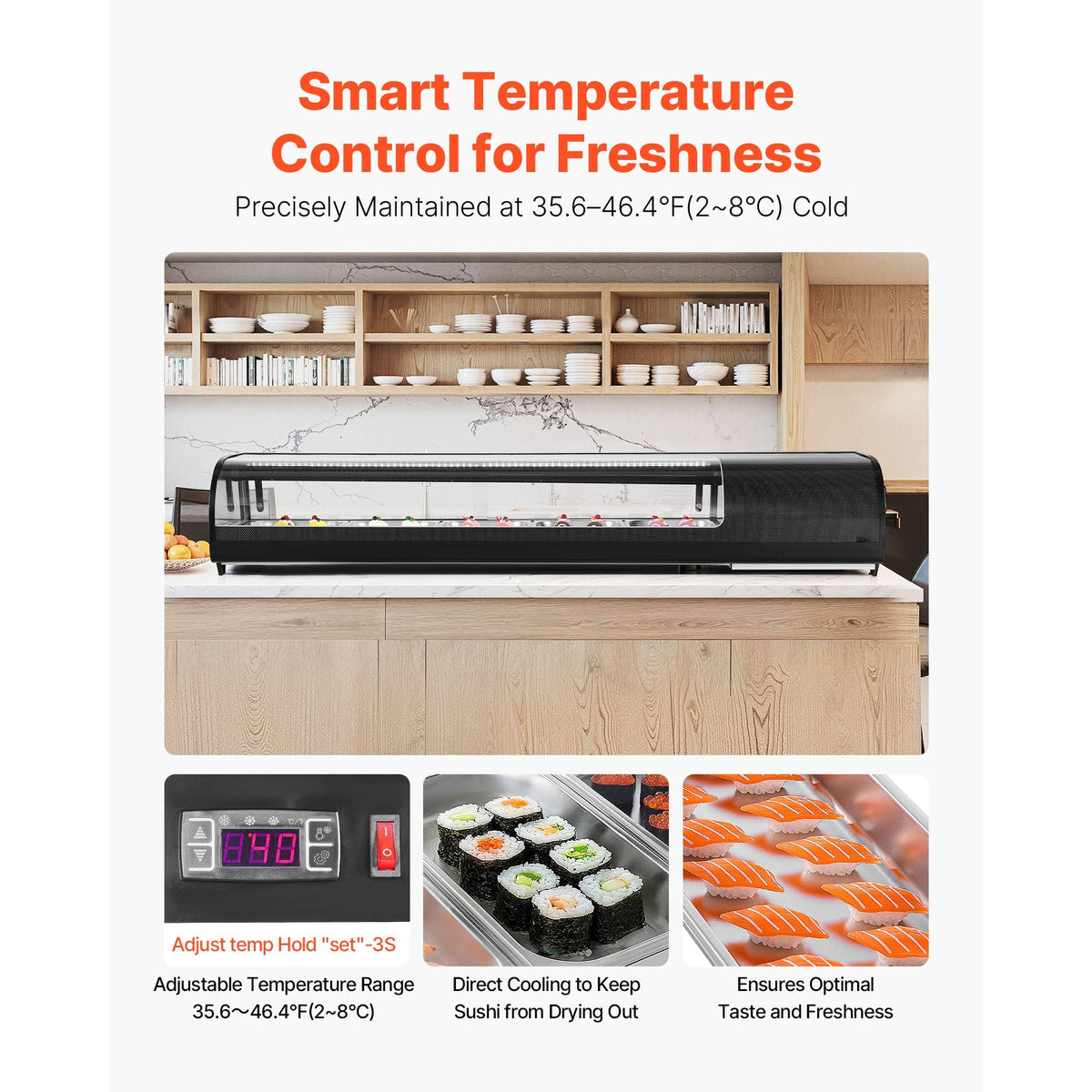Sushi Display Case Refrigerator, 2.9 Cu.ft Commercial Sushi Case, 5-Pan Countertop Showcase with Curved Glass, LED Lighting, and Digital Temperature Control, for Sushi-Bar, Restaurant, Store