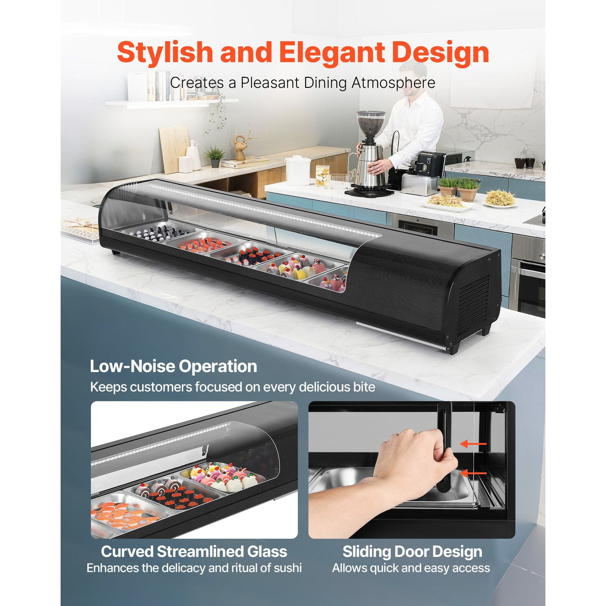 Sushi Display Case Refrigerator, 2.9 Cu.ft Commercial Sushi Case, 5-Pan Countertop Showcase with Curved Glass, LED Lighting, and Digital Temperature Control, for Sushi-Bar, Restaurant, Store