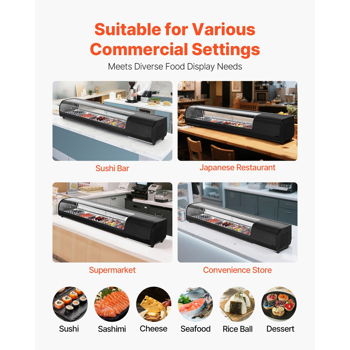 Sushi Display Case Refrigerator, 2.9 Cu.ft Commercial Sushi Case, 5-Pan Countertop Showcase with Curved Glass, LED Lighting, and Digital Temperature Control, for Sushi-Bar, Restaurant, Store