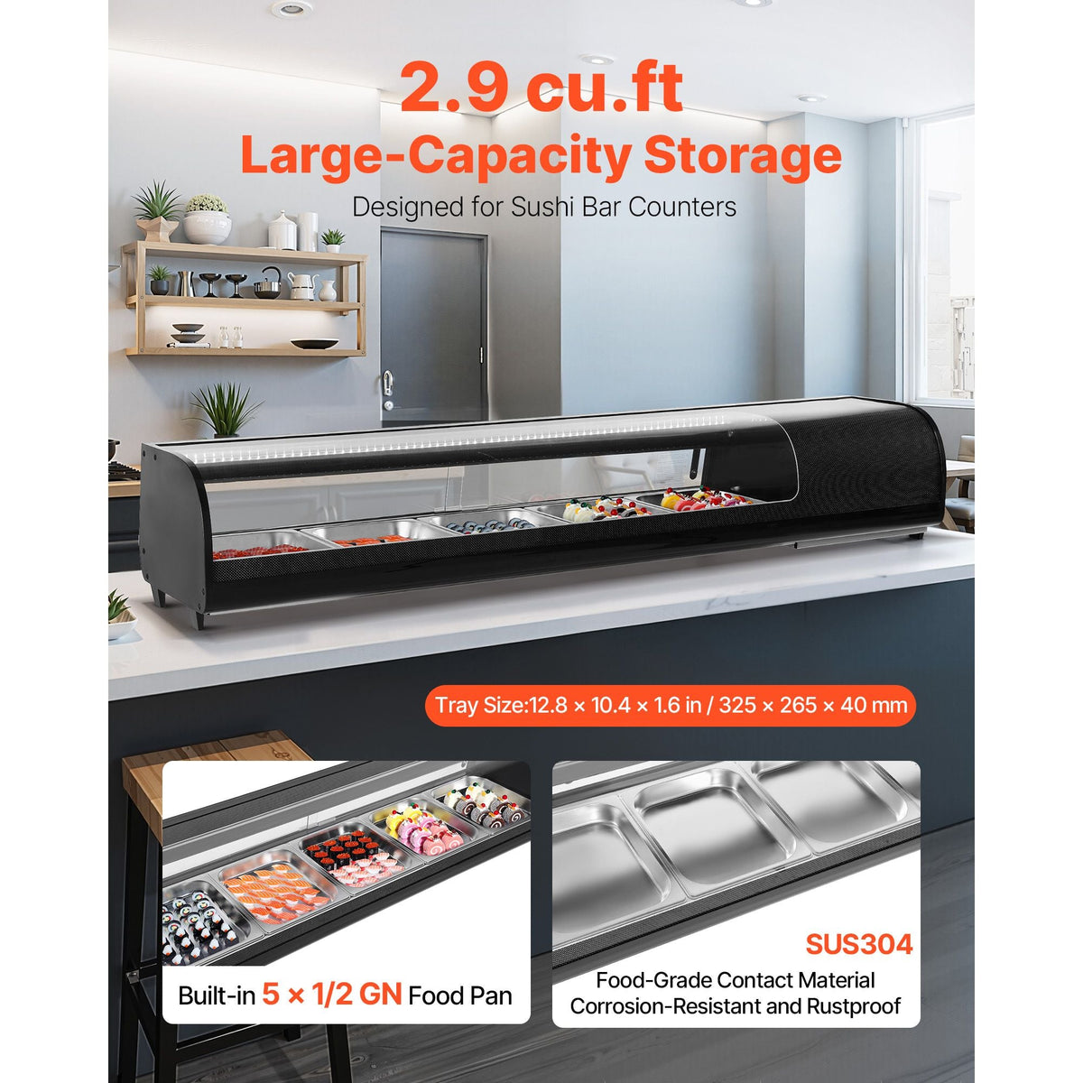 Sushi Display Case Refrigerator, 2.9 Cu.ft Commercial Sushi Case, 5-Pan Countertop Showcase with Curved Glass, LED Lighting, and Digital Temperature Control, for Sushi-Bar, Restaurant, Store