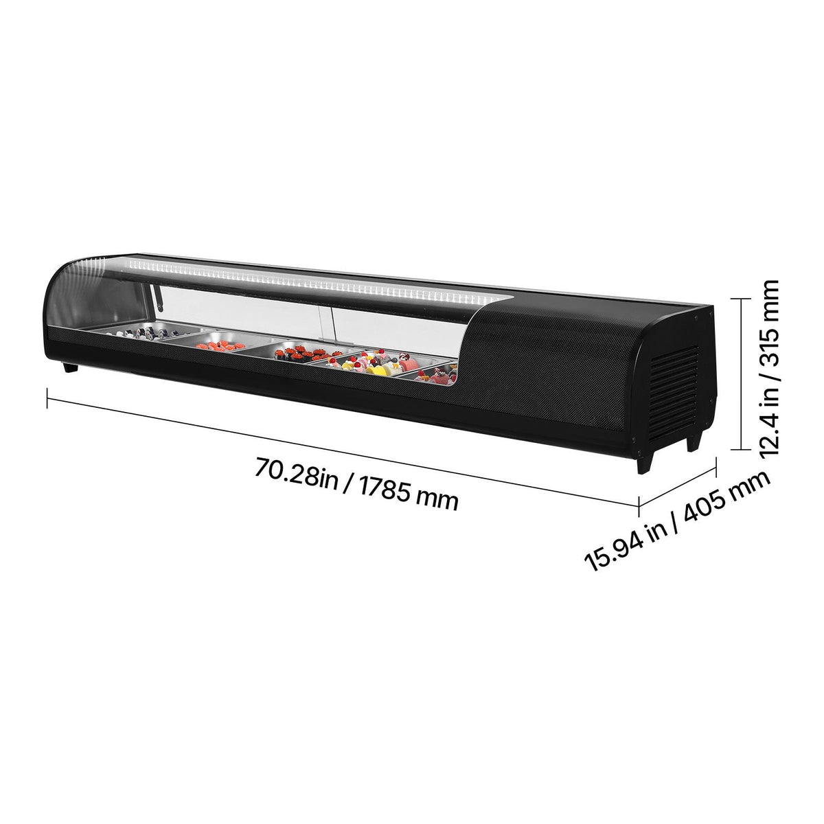 Sushi Display Case Refrigerator, 2.9 Cu.ft Commercial Sushi Case, 5-Pan Countertop Showcase with Curved Glass, LED Lighting, and Digital Temperature Control, for Sushi-Bar, Restaurant, Store