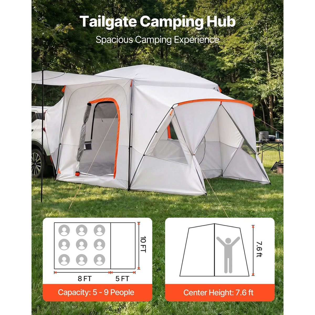 SUV Camping Tent for 5-9 Person, 13 x 10 FT 3-Season SUV Tailgate Tent with Ventilated Windows, PU2000mm Waterproof Dual-Use Car Rear Hatch Tents for Outdoor Hiking Travels