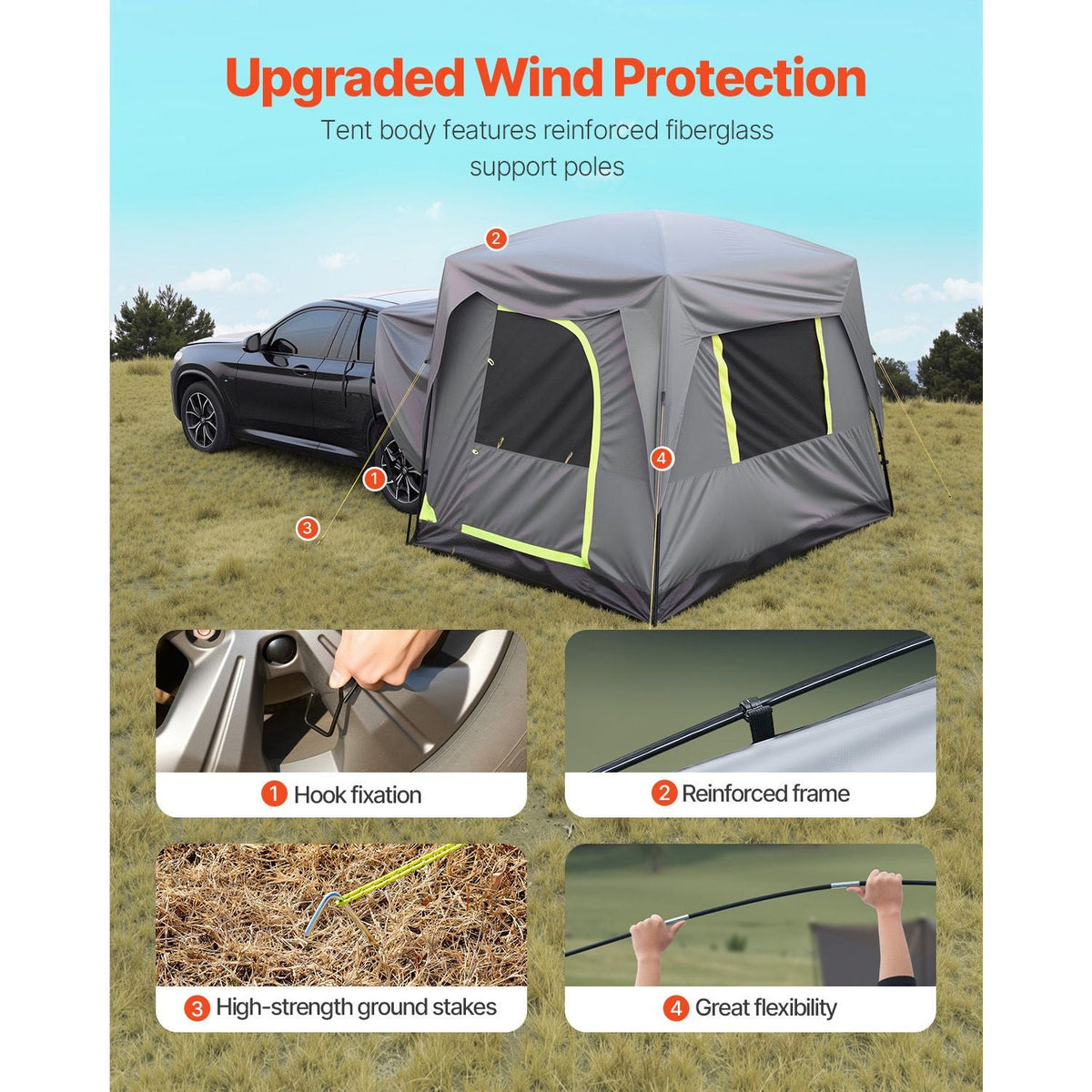 SUV Tent for Camping, 10FT L x 8FT W, Waterproof PU2000mm Spacious Double Layer Design for 5-8 Person, SUV Camping Tent with Mesh Windows, Includes Rainfly & Storage Bag, for Outdoor Activities