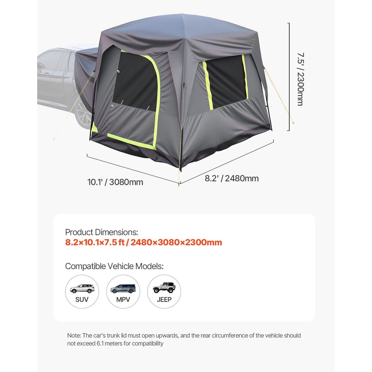 SUV Tent for Camping, 10FT L x 8FT W, Waterproof PU2000mm Spacious Double Layer Design for 5-8 Person, SUV Camping Tent with Mesh Windows, Includes Rainfly & Storage Bag, for Outdoor Activities
