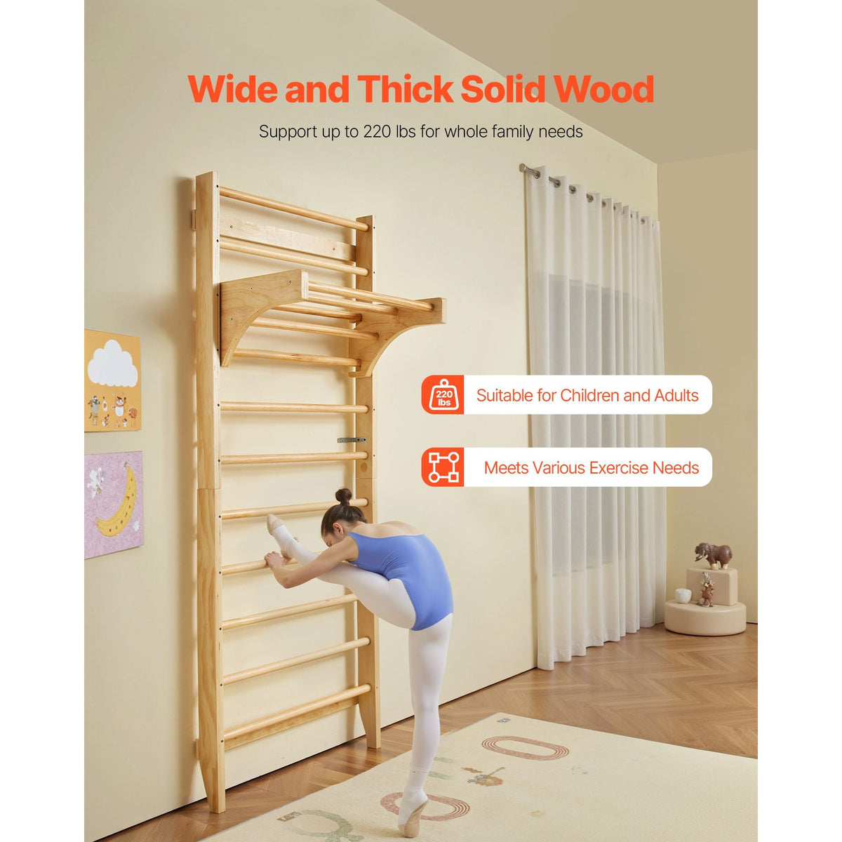 Swedish Ladder Wall Gym, 10-Level Solid Wood Indoor Jungle Gym, 220lbs Loading Indoor Playground Climbing Ladder for Kid Adults, Gymnastic Stall Bars with Pull-Up Bar - Ideal Gift for Boys Girls