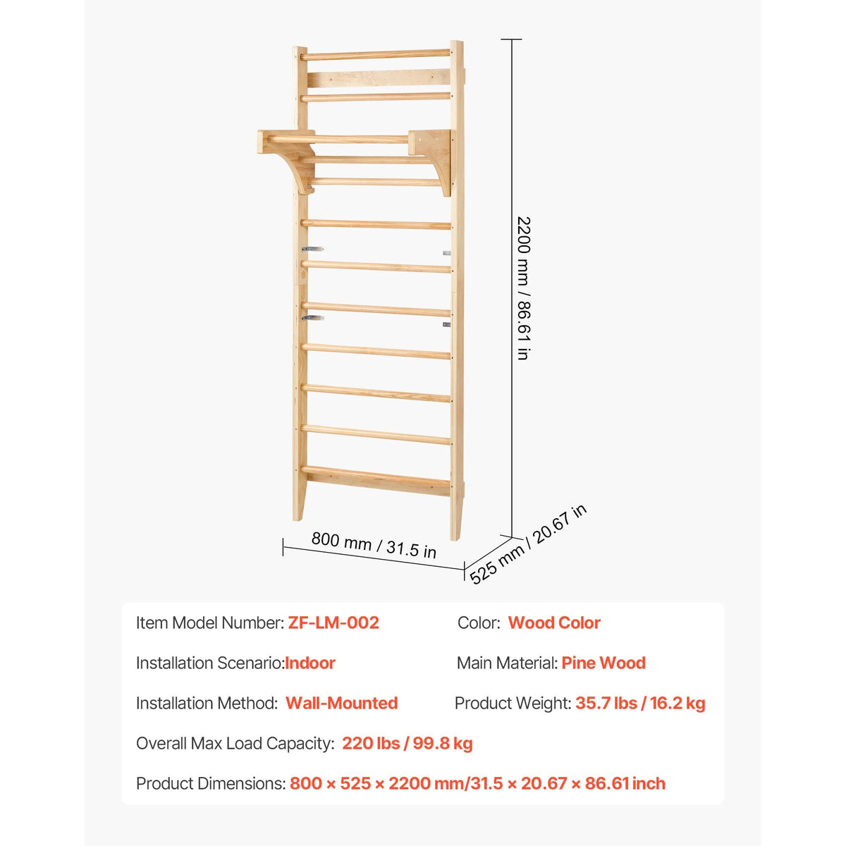 Swedish Ladder Wall Gym, 10-Level Solid Wood Indoor Jungle Gym, 220lbs Loading Indoor Playground Climbing Ladder for Kid Adults, Gymnastic Stall Bars with Pull-Up Bar - Ideal Gift for Boys Girls