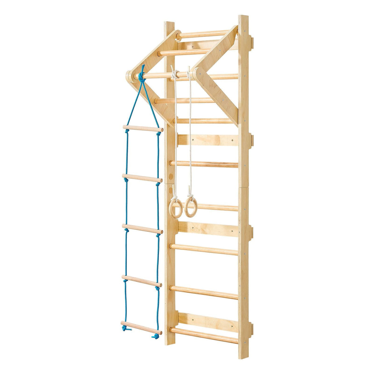 Swedish Ladder Wall Gym, 4-in-1 8-Level Indoor Jungle Gym, 220LBS Loading Solid Wood Gymnastic Stall Bars, Indoor Playground Climbing Playset with Gym Rings, Pull-Up Bar, Rope Ladder