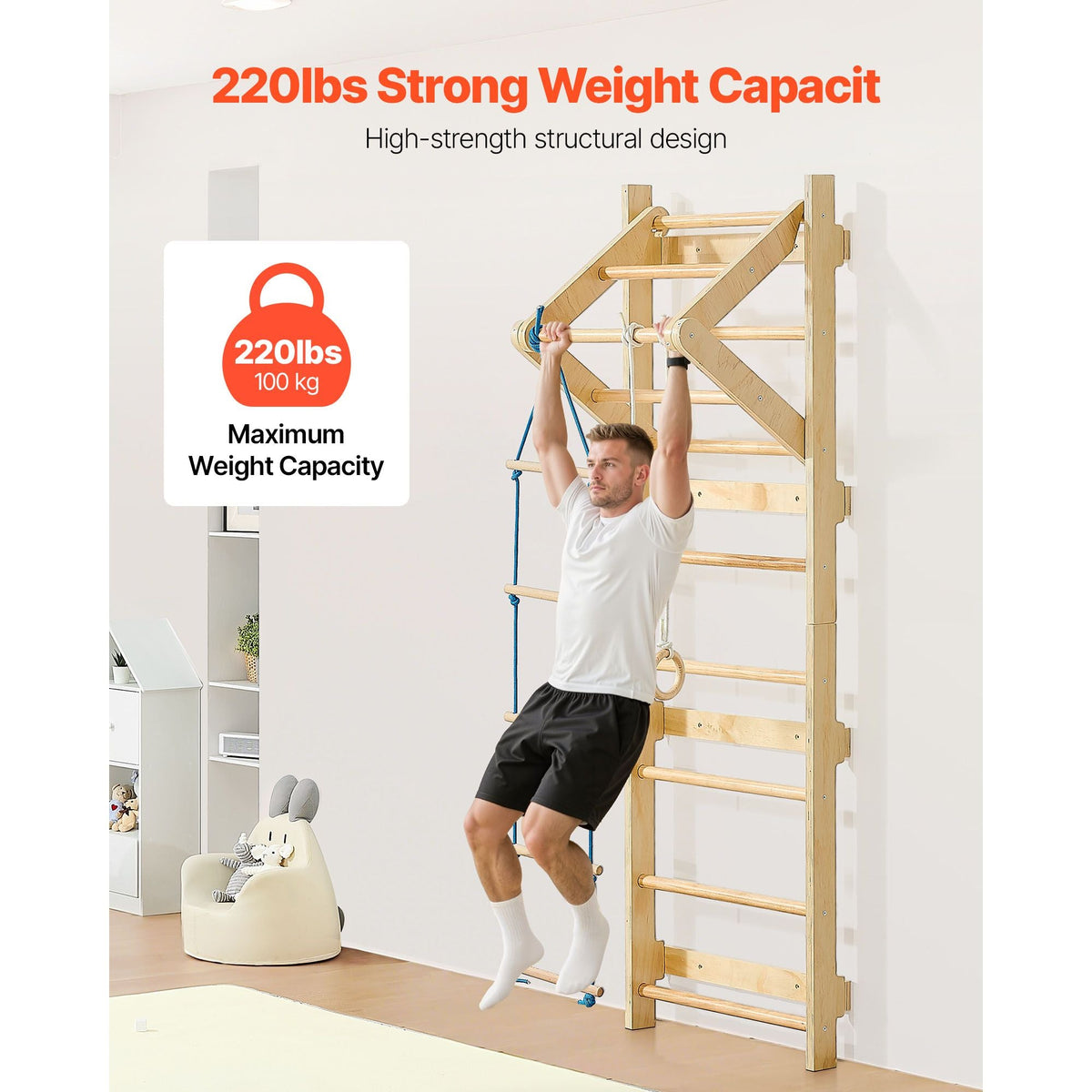 Swedish Ladder Wall Gym, 4-in-1 8-Level Indoor Jungle Gym, 220LBS Loading Solid Wood Gymnastic Stall Bars, Indoor Playground Climbing Playset with Gym Rings, Pull-Up Bar, Rope Ladder
