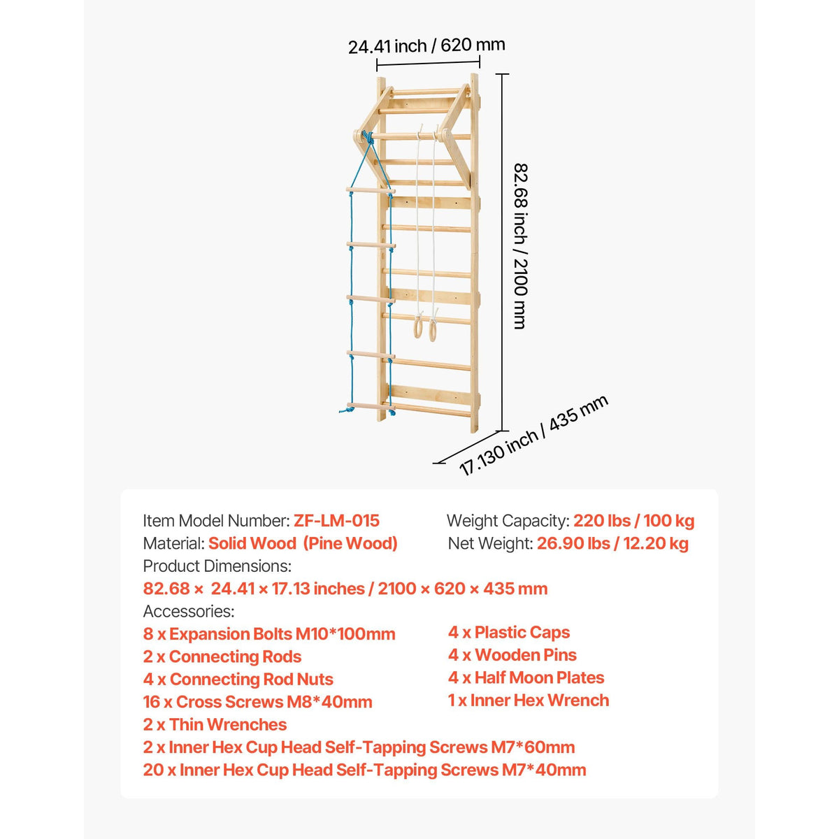 Swedish Ladder Wall Gym, 4-in-1 8-Level Indoor Jungle Gym, 220LBS Loading Solid Wood Gymnastic Stall Bars, Indoor Playground Climbing Playset with Gym Rings, Pull-Up Bar, Rope Ladder