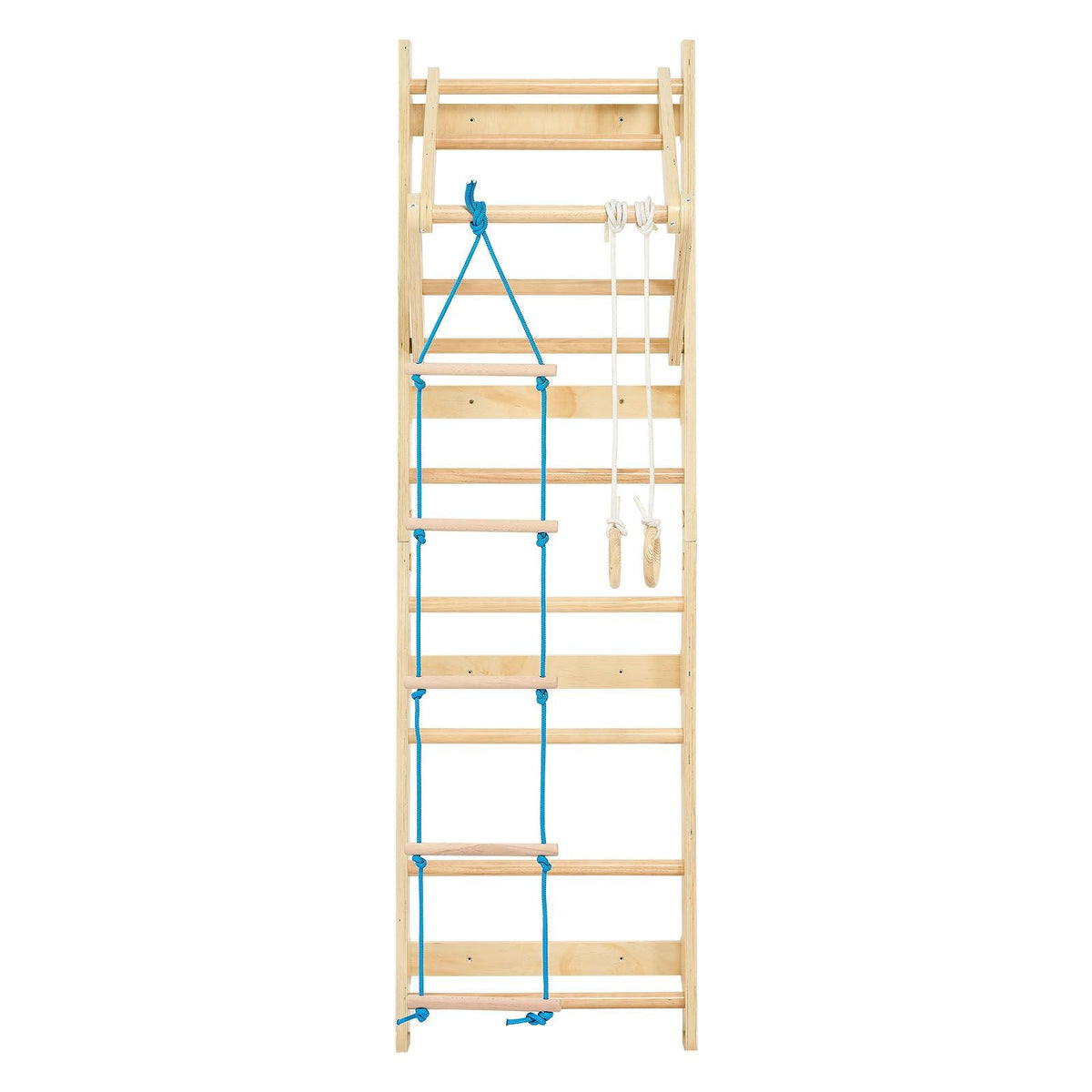 Swedish Ladder Wall Gym, 4-in-1 8-Level Indoor Jungle Gym, 220LBS Loading Solid Wood Gymnastic Stall Bars, Indoor Playground Climbing Playset with Gym Rings, Pull-Up Bar, Rope Ladder