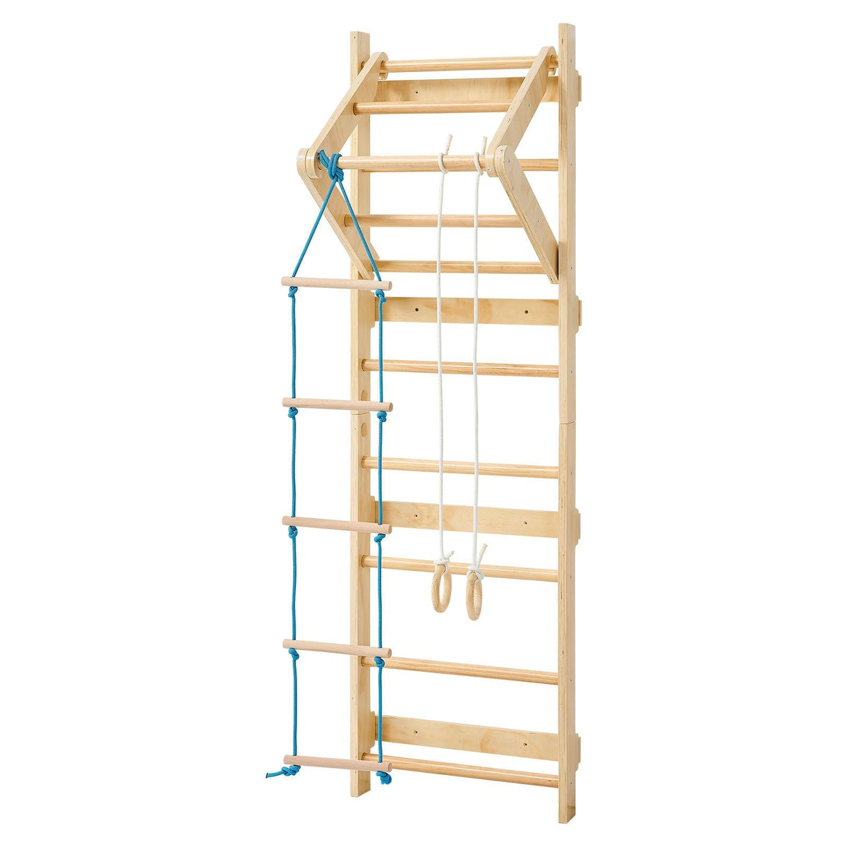 Swedish Ladder Wall Gym, 4-in-1 8-Level Indoor Jungle Gym, 220LBS Loading Solid Wood Gymnastic Stall Bars, Indoor Playground Climbing Playset with Gym Rings, Pull-Up Bar, Rope Ladder