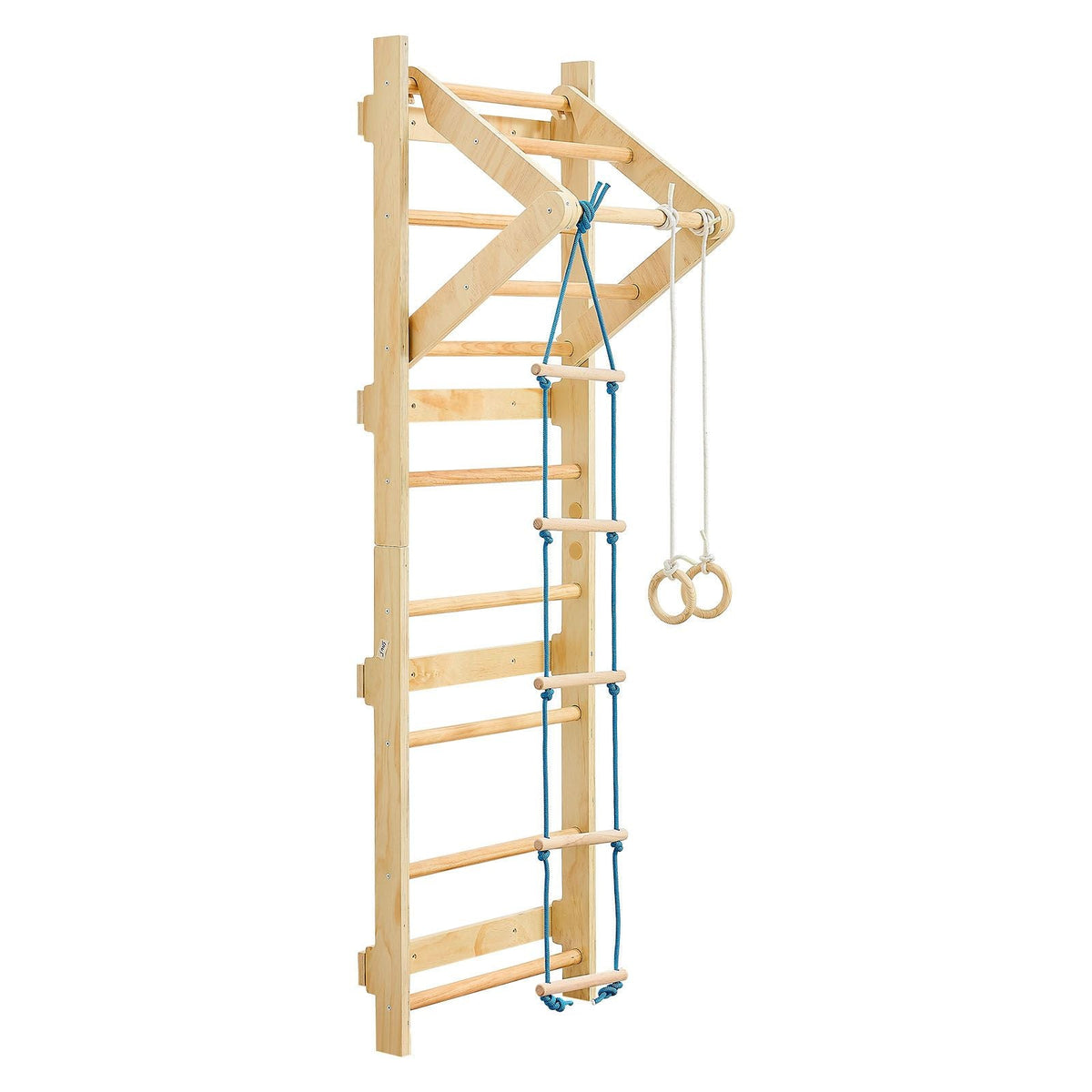 Swedish Ladder Wall Gym, 4-in-1 8-Level Indoor Jungle Gym, 220LBS Loading Solid Wood Gymnastic Stall Bars, Indoor Playground Climbing Playset with Gym Rings, Pull-Up Bar, Rope Ladder