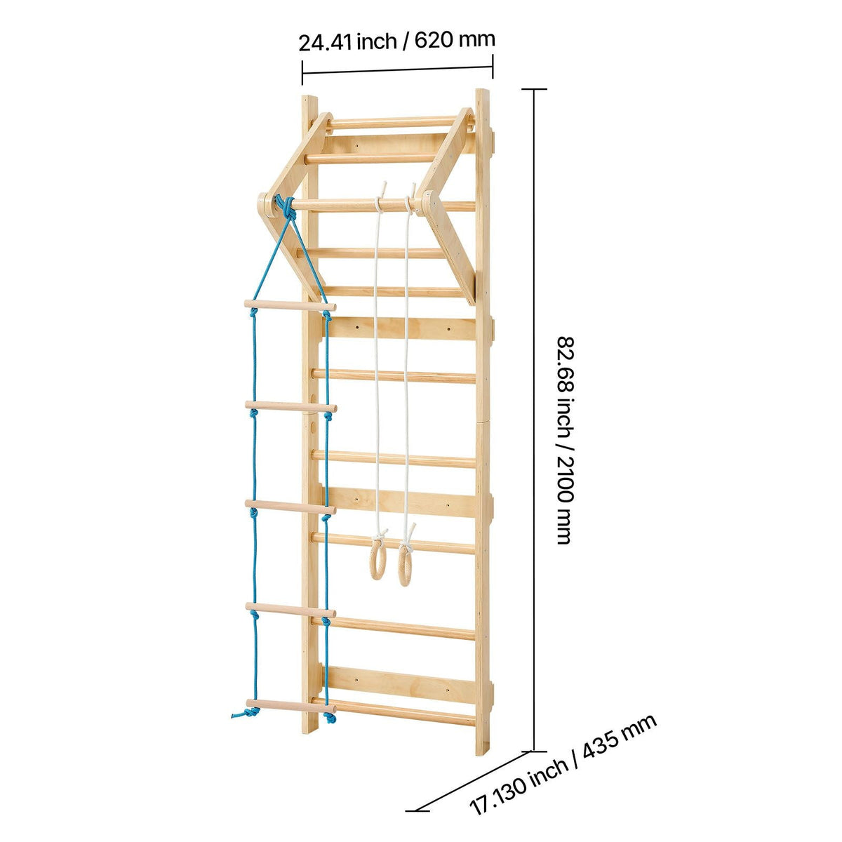 Swedish Ladder Wall Gym, 4-in-1 8-Level Indoor Jungle Gym, 220LBS Loading Solid Wood Gymnastic Stall Bars, Indoor Playground Climbing Playset with Gym Rings, Pull-Up Bar, Rope Ladder
