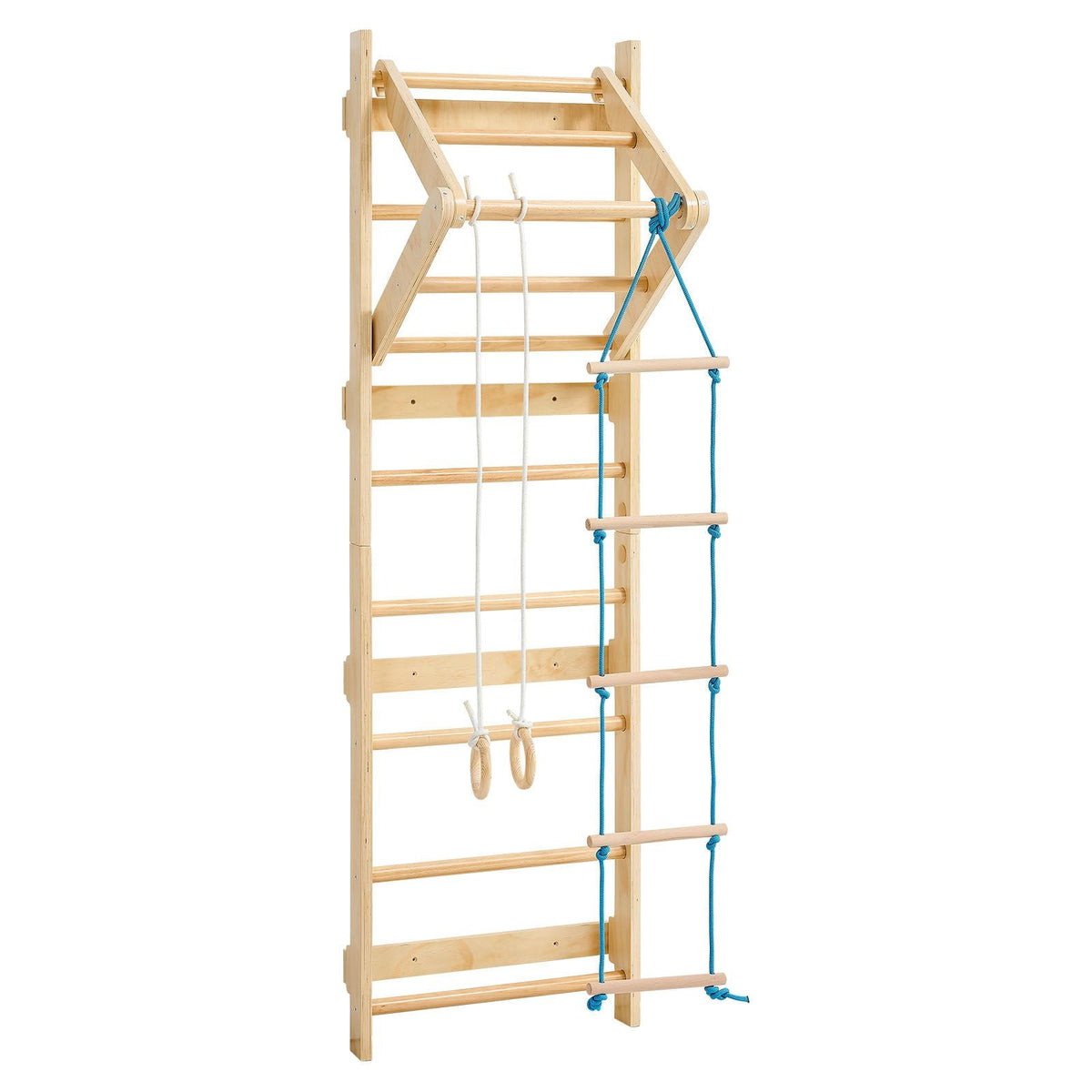 Swedish Ladder Wall Gym, 4-in-1 8-Level Indoor Jungle Gym, 220LBS Loading Solid Wood Gymnastic Stall Bars, Indoor Playground Climbing Playset with Gym Rings, Pull-Up Bar, Rope Ladder