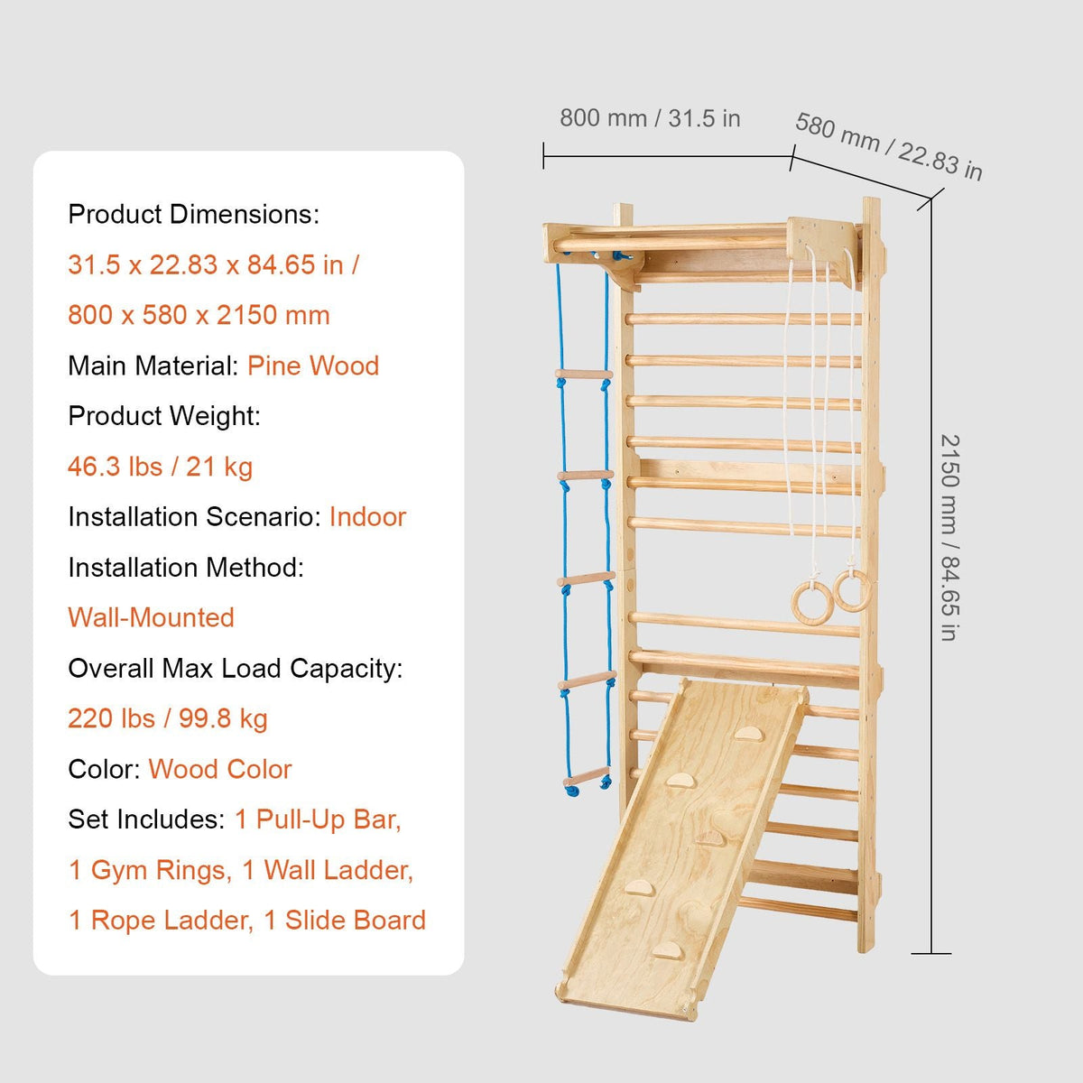 Swedish Ladder Wall Gym, 5 in 1 Wooden Indoor Playground Climbing Toys, 220 lbs Load Capacity Swedish Wall Ladder with Pull-Up Bar, Gymnastic Rings, Wall Ladder, Rope Ladder, and Slide Board