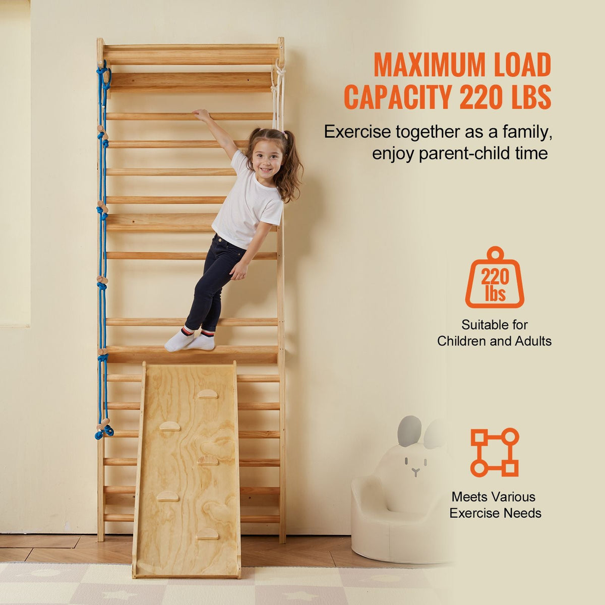 Swedish Ladder Wall Gym, 5 in 1 Wooden Indoor Playground Climbing Toys, 220 lbs Load Capacity Swedish Wall Ladder with Pull-Up Bar, Gymnastic Rings, Wall Ladder, Rope Ladder, and Slide Board