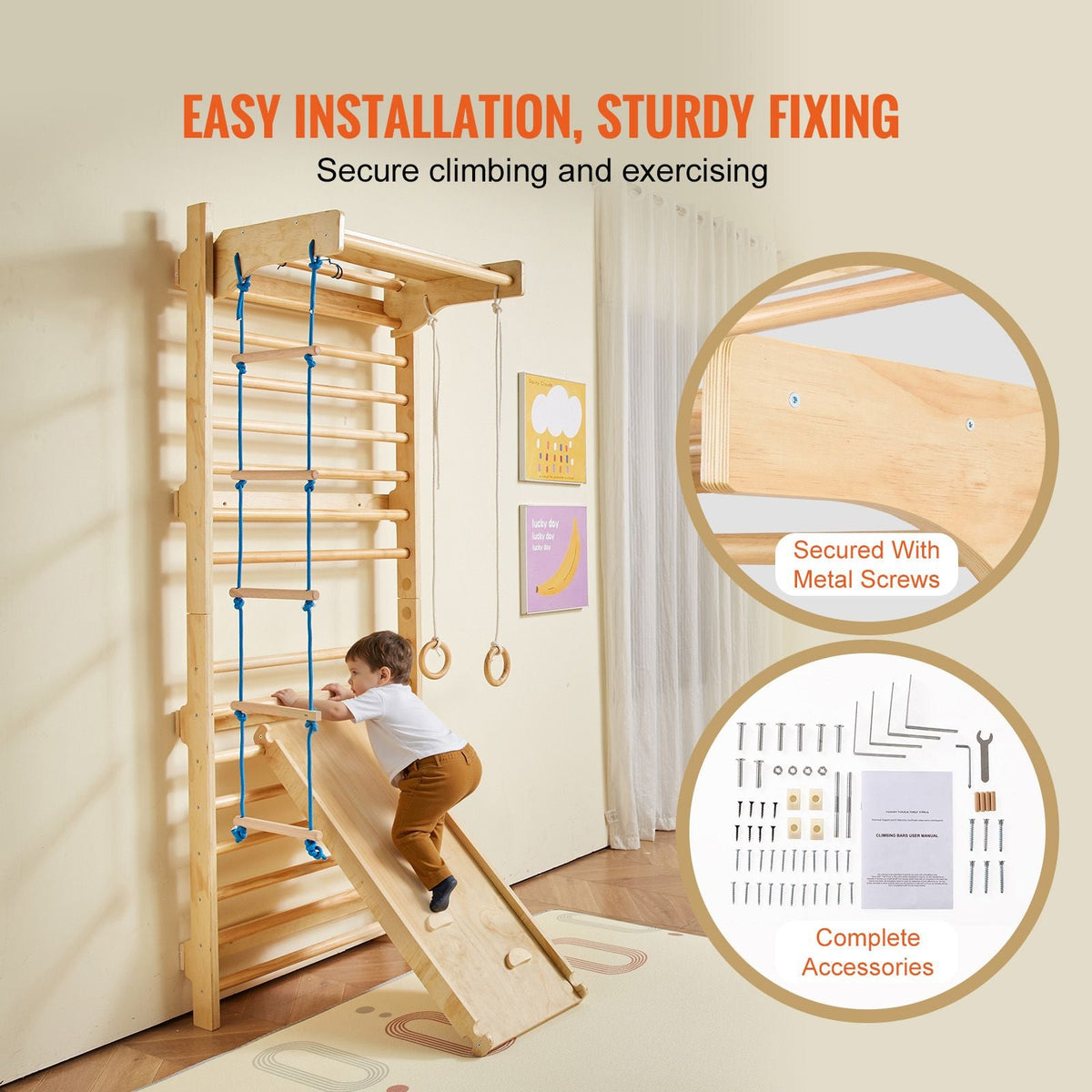 Swedish Ladder Wall Gym, 5 in 1 Wooden Indoor Playground Climbing Toys, 220 lbs Load Capacity Swedish Wall Ladder with Pull-Up Bar, Gymnastic Rings, Wall Ladder, Rope Ladder, and Slide Board