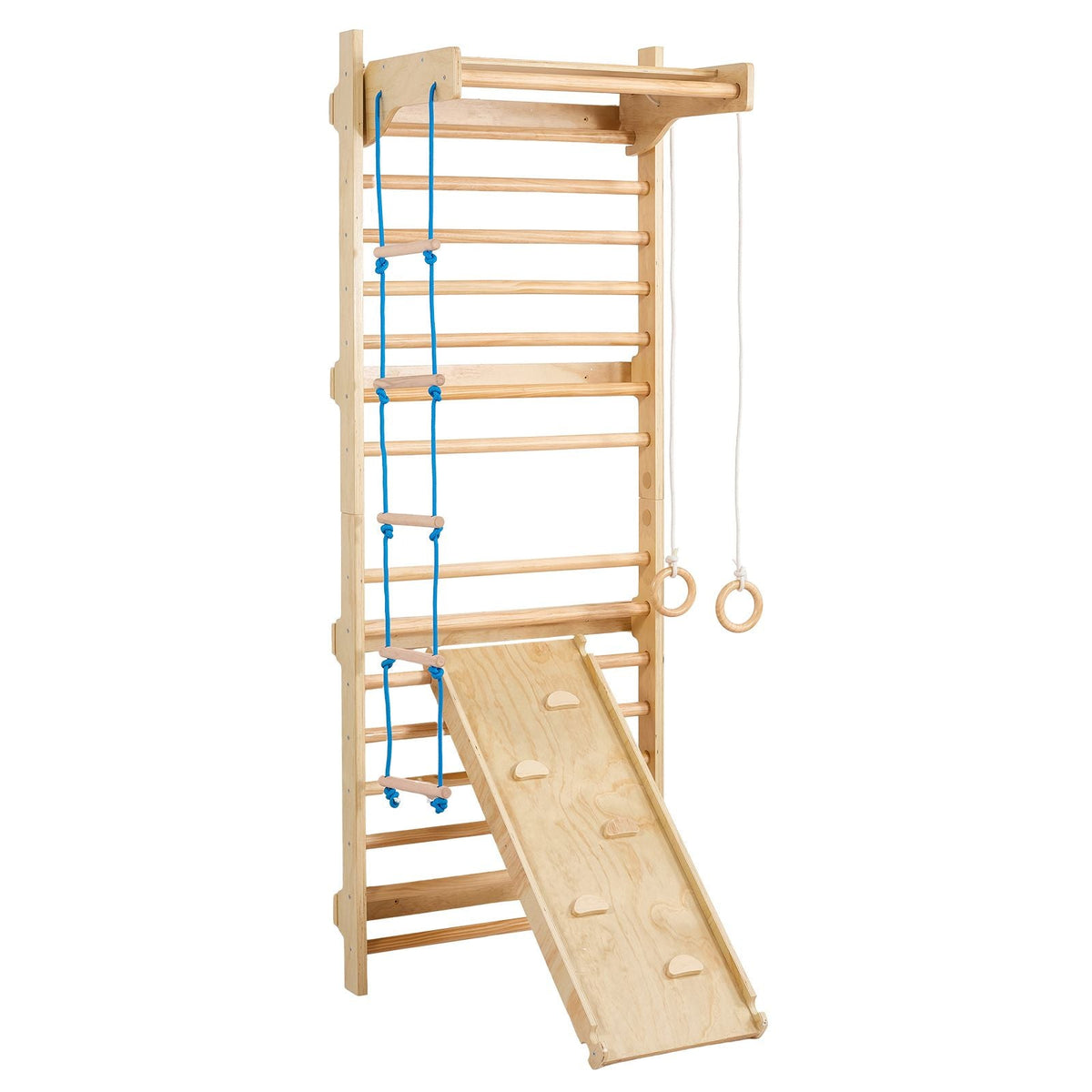 Swedish Ladder Wall Gym, 5 in 1 Wooden Indoor Playground Climbing Toys, 220 lbs Load Capacity Swedish Wall Ladder with Pull-Up Bar, Gymnastic Rings, Wall Ladder, Rope Ladder, and Slide Board