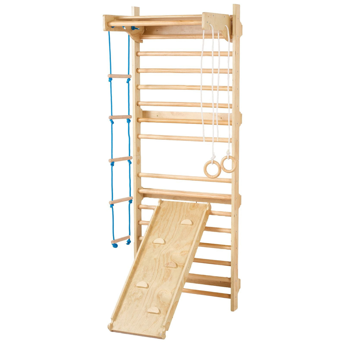 Swedish Ladder Wall Gym, 5 in 1 Wooden Indoor Playground Climbing Toys, 220 lbs Load Capacity Swedish Wall Ladder with Pull-Up Bar, Gymnastic Rings, Wall Ladder, Rope Ladder, and Slide Board