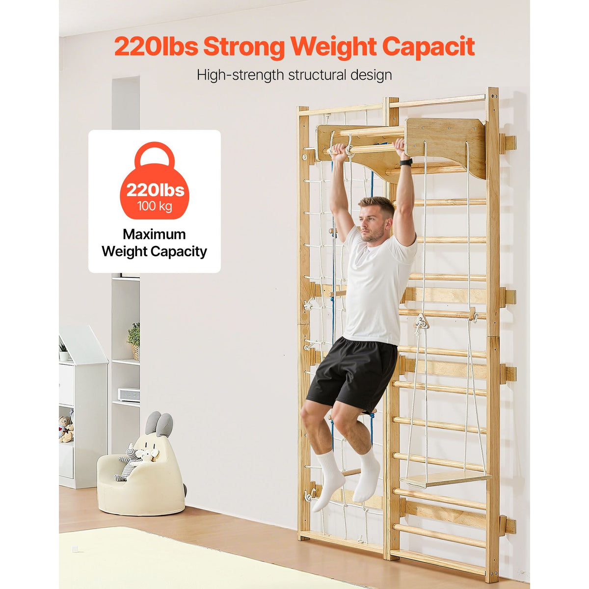 Swedish Ladder Wall Gym, 8-in-1 12-Level Solid Wood Gymnastic Stall Bars for Kids Adults, 220LBS Indoor Jungle Gym Playset with Climbing Board, Gym Rings, Pull-Up Bar, Wall Ladder, Slide, Swing