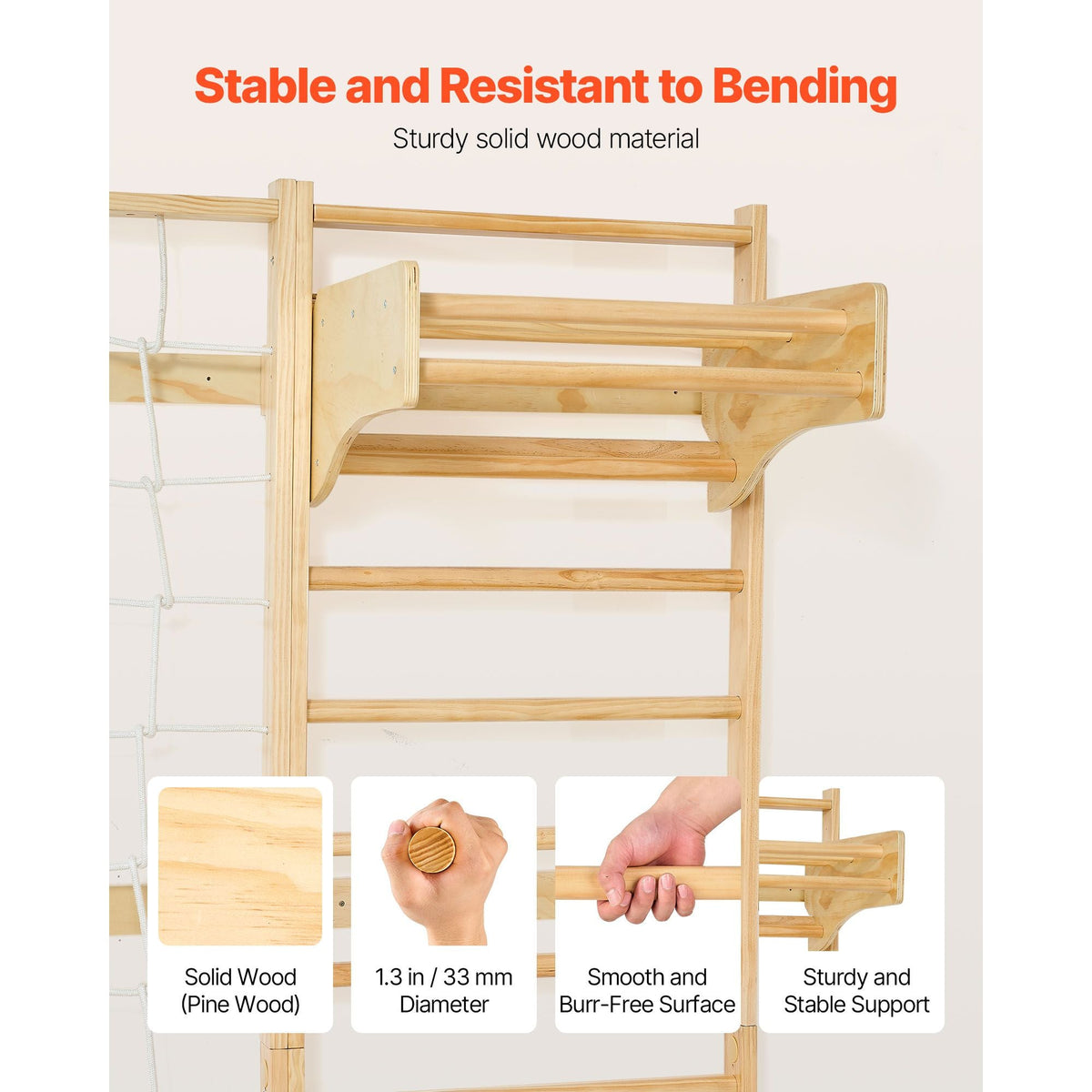 Swedish Ladder Wall Gym, 8-in-1 12-Level Solid Wood Gymnastic Stall Bars for Kids Adults, 220LBS Indoor Jungle Gym Playset with Climbing Board, Gym Rings, Pull-Up Bar, Wall Ladder, Slide, Swing