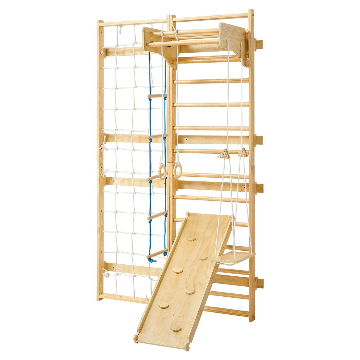 Swedish Ladder Wall Gym, 8-in-1 12-Level Solid Wood Gymnastic Stall Bars for Kids Adults, 220LBS Indoor Jungle Gym Playset with Climbing Board, Gym Rings, Pull-Up Bar, Wall Ladder, Slide, Swing