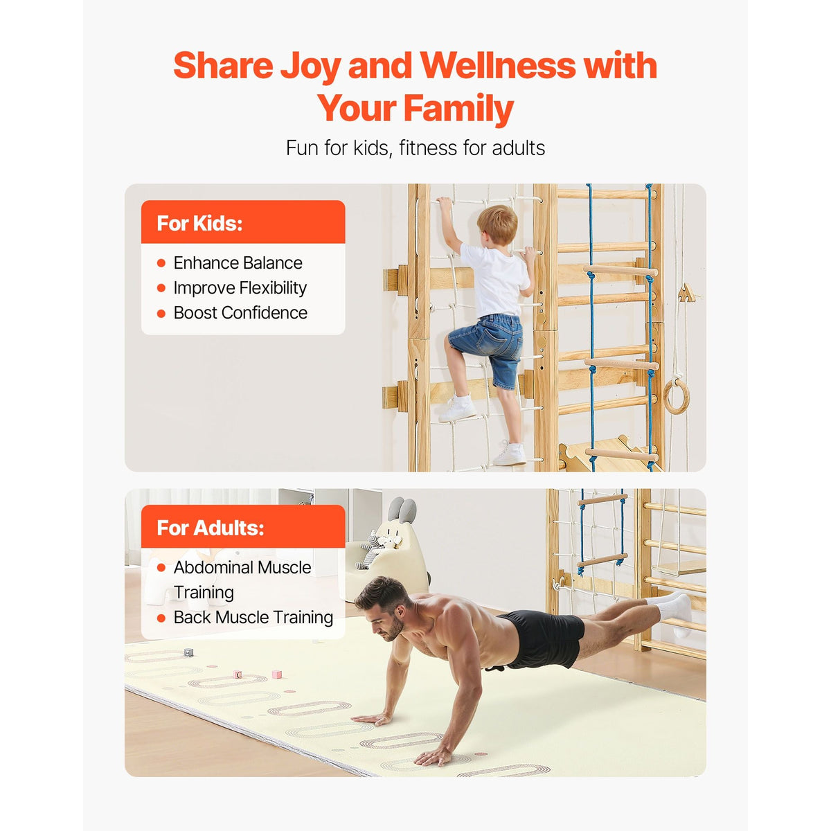 Swedish Ladder Wall Gym, 8-in-1 12-Level Solid Wood Gymnastic Stall Bars for Kids Adults, 220LBS Indoor Jungle Gym Playset with Climbing Board, Gym Rings, Pull-Up Bar, Wall Ladder, Slide, Swing
