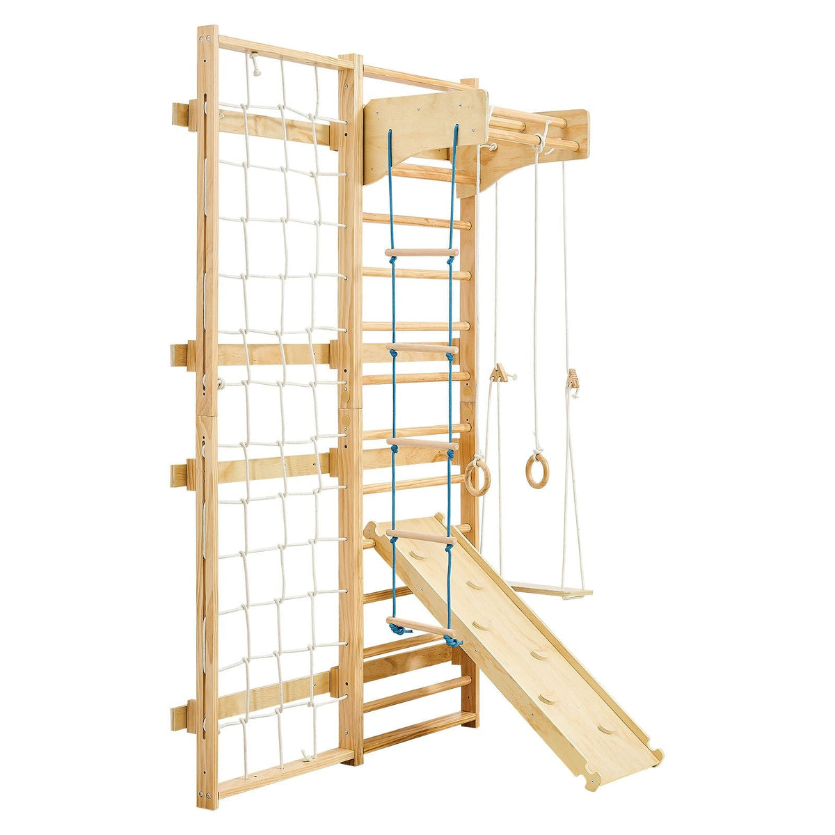 Swedish Ladder Wall Gym, 8-in-1 12-Level Solid Wood Gymnastic Stall Bars for Kids Adults, 220LBS Indoor Jungle Gym Playset with Climbing Board, Gym Rings, Pull-Up Bar, Wall Ladder, Slide, Swing
