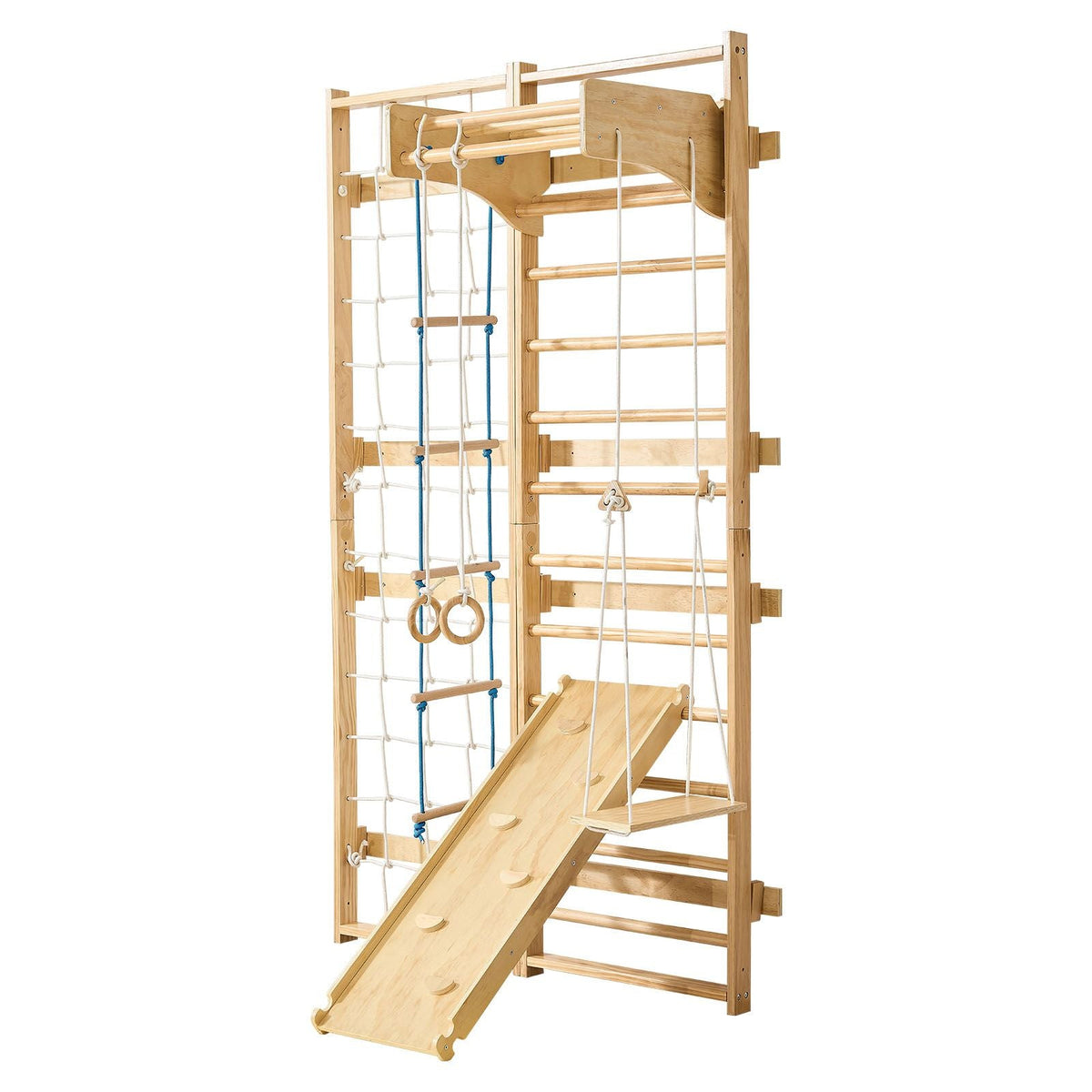 Swedish Ladder Wall Gym, 8-in-1 12-Level Solid Wood Gymnastic Stall Bars for Kids Adults, 220LBS Indoor Jungle Gym Playset with Climbing Board, Gym Rings, Pull-Up Bar, Wall Ladder, Slide, Swing