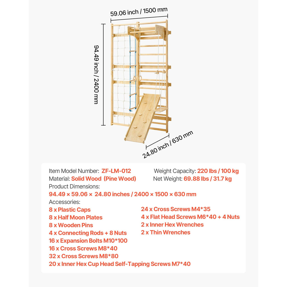 Swedish Ladder Wall Gym, 8-in-1 12-Level Solid Wood Gymnastic Stall Bars for Kids Adults, 220LBS Indoor Jungle Gym Playset with Climbing Board, Gym Rings, Pull-Up Bar, Wall Ladder, Slide, Swing