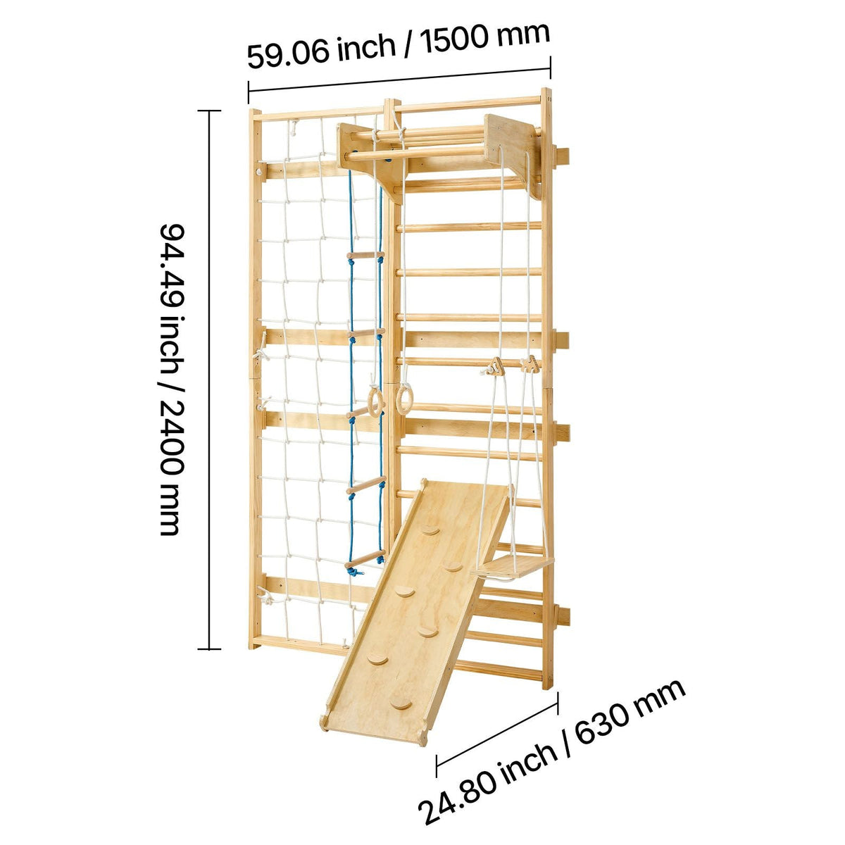 Swedish Ladder Wall Gym, 8-in-1 12-Level Solid Wood Gymnastic Stall Bars for Kids Adults, 220LBS Indoor Jungle Gym Playset with Climbing Board, Gym Rings, Pull-Up Bar, Wall Ladder, Slide, Swing