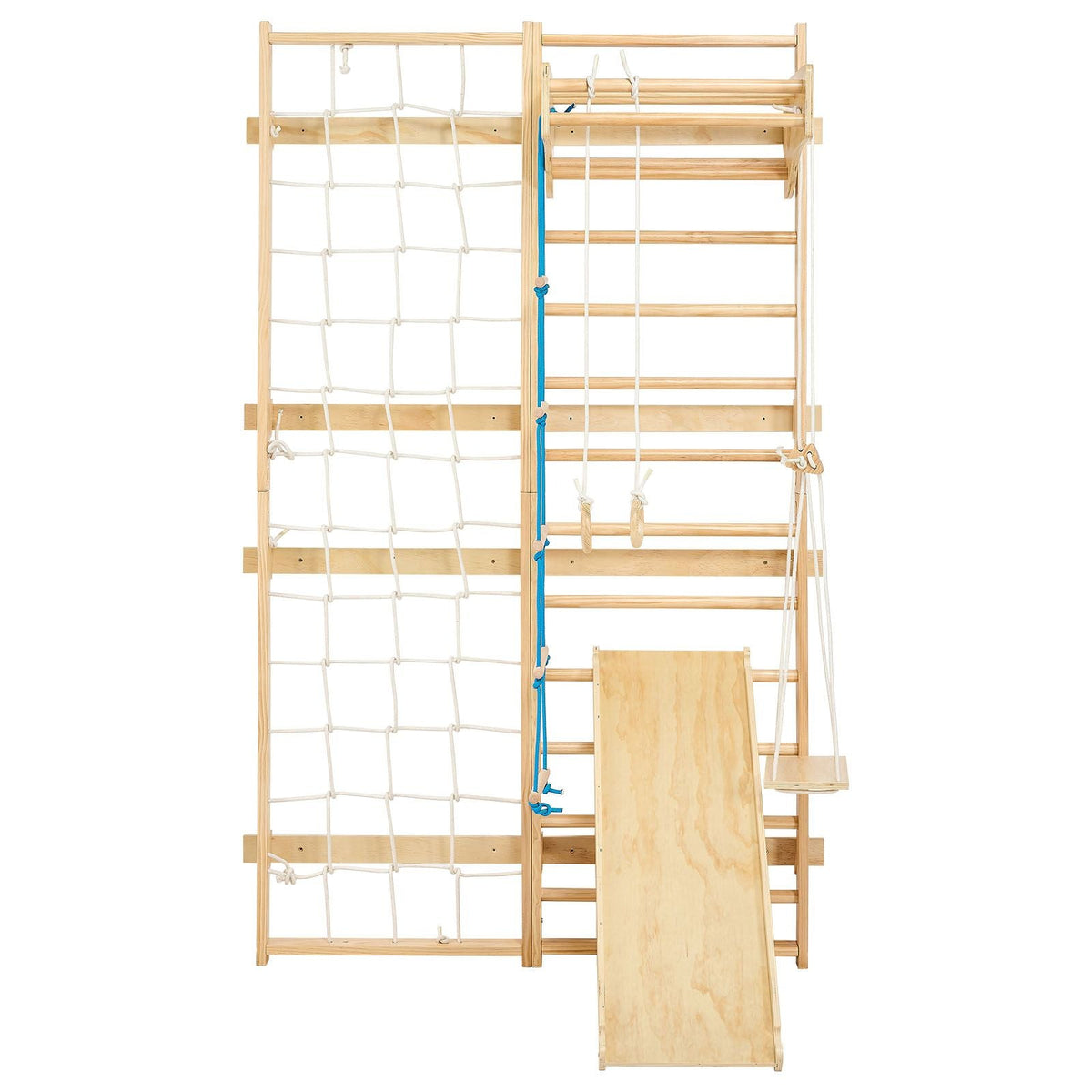 Swedish Ladder Wall Gym, 8-in-1 12-Level Solid Wood Gymnastic Stall Bars for Kids Adults, 220LBS Indoor Jungle Gym Playset with Climbing Board, Gym Rings, Pull-Up Bar, Wall Ladder, Slide, Swing