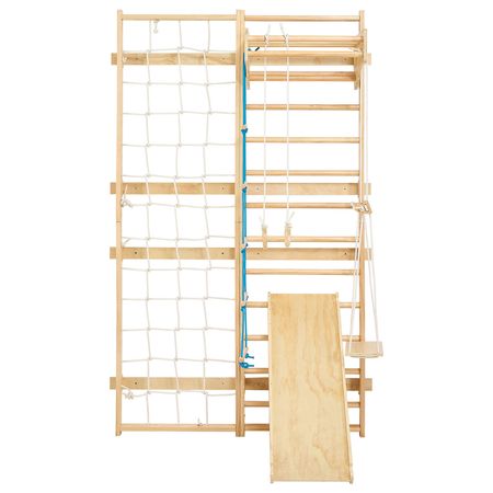 Swedish Ladder Wall Gym, 8-in-1 12-Level Solid Wood Gymnastic Stall Bars for Kids Adults, 220LBS Indoor Jungle Gym Playset with Climbing Board, Gym Rings, Pull-Up Bar, Wall Ladder, Slide, Swing