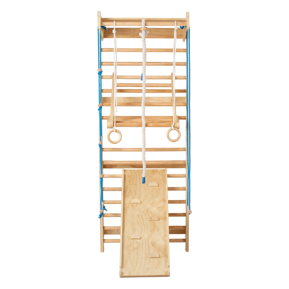 Swedish Ladder Wall Gym, 8-in-1 15 Levels Solid Wood Wall Stall Bars, 220LBS Indoor Jungle Gym Climbing Playset with Wall Ladder, Slide Board, Pull-Up Bar, Gym Rings, Swing Seat, Rope Ladder