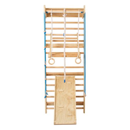 Swedish Ladder Wall Gym, 8-in-1 15 Levels Solid Wood Wall Stall Bars, 220LBS Indoor Jungle Gym Climbing Playset with Wall Ladder, Slide Board, Pull-Up Bar, Gym Rings, Swing Seat, Rope Ladder