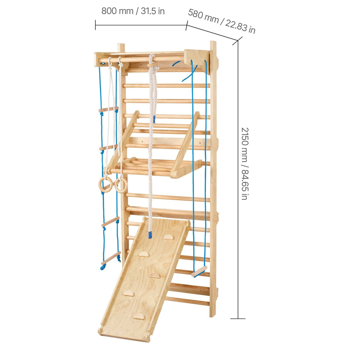 Swedish Ladder Wall Gym, 8-in-1 15 Levels Solid Wood Wall Stall Bars, 220LBS Indoor Jungle Gym Climbing Playset with Wall Ladder, Slide Board, Pull-Up Bar, Gym Rings, Swing Seat, Rope Ladder