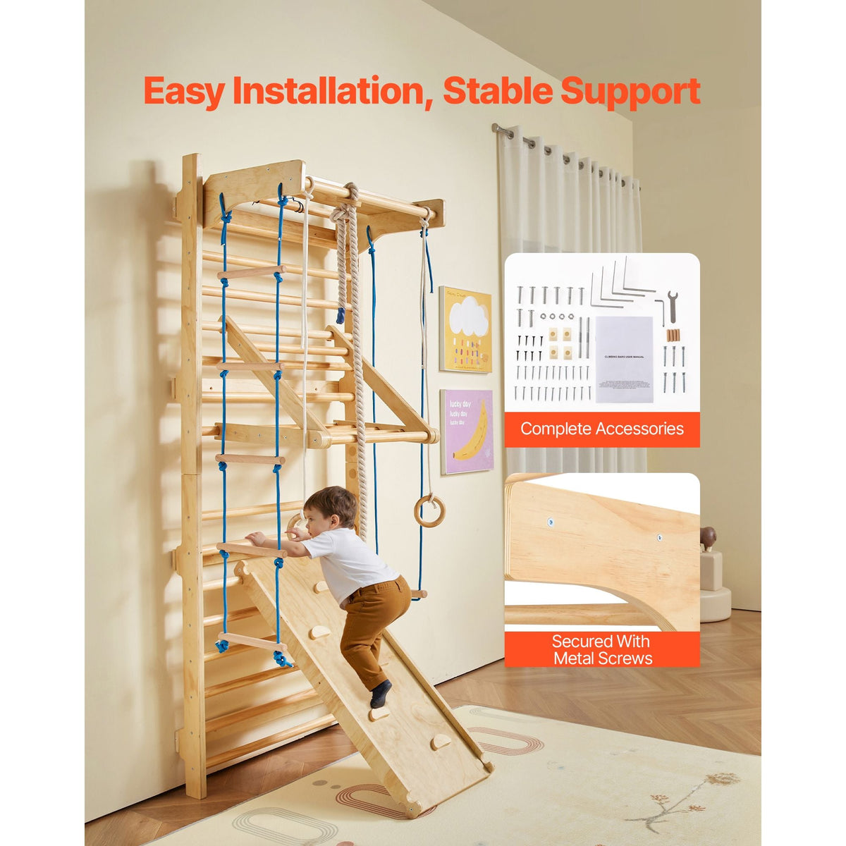 Swedish Ladder Wall Gym, 8-in-1 15 Levels Solid Wood Wall Stall Bars, 220LBS Indoor Jungle Gym Climbing Playset with Wall Ladder, Slide Board, Pull-Up Bar, Gym Rings, Swing Seat, Rope Ladder