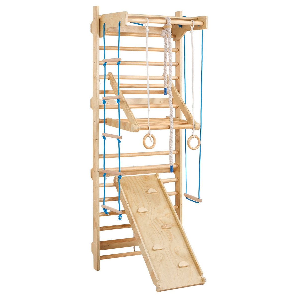 Swedish Ladder Wall Gym, 8-in-1 15 Levels Solid Wood Wall Stall Bars, 220LBS Indoor Jungle Gym Climbing Playset with Wall Ladder, Slide Board, Pull-Up Bar, Gym Rings, Swing Seat, Rope Ladder