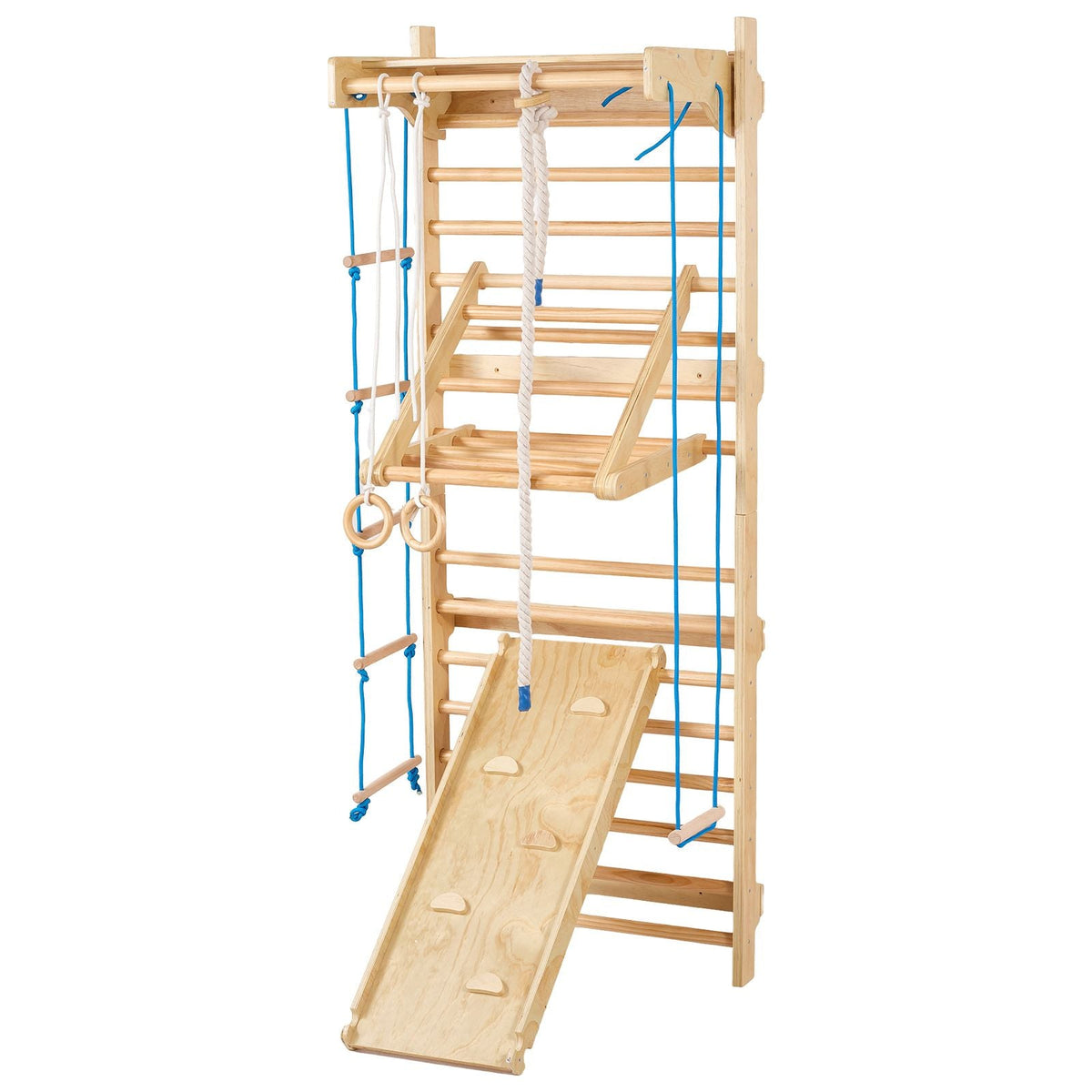 Swedish Ladder Wall Gym, 8-in-1 15 Levels Solid Wood Wall Stall Bars, 220LBS Indoor Jungle Gym Climbing Playset with Wall Ladder, Slide Board, Pull-Up Bar, Gym Rings, Swing Seat, Rope Ladder