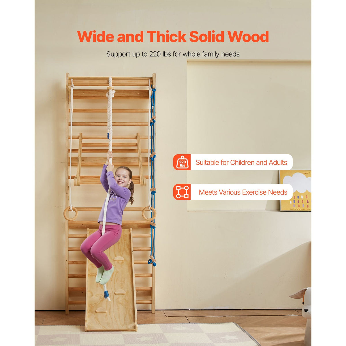 Swedish Ladder Wall Gym, 8-in-1 15 Levels Solid Wood Wall Stall Bars, 220LBS Indoor Jungle Gym Climbing Playset with Wall Ladder, Slide Board, Pull-Up Bar, Gym Rings, Swing Seat, Rope Ladder