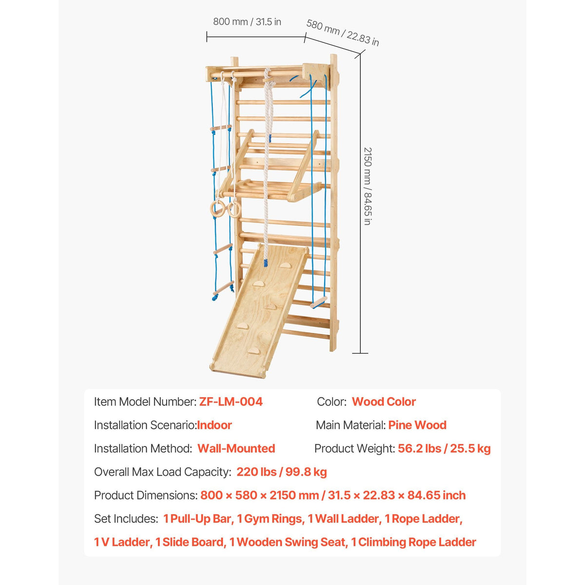 Swedish Ladder Wall Gym, 8-in-1 15 Levels Solid Wood Wall Stall Bars, 220LBS Indoor Jungle Gym Climbing Playset with Wall Ladder, Slide Board, Pull-Up Bar, Gym Rings, Swing Seat, Rope Ladder