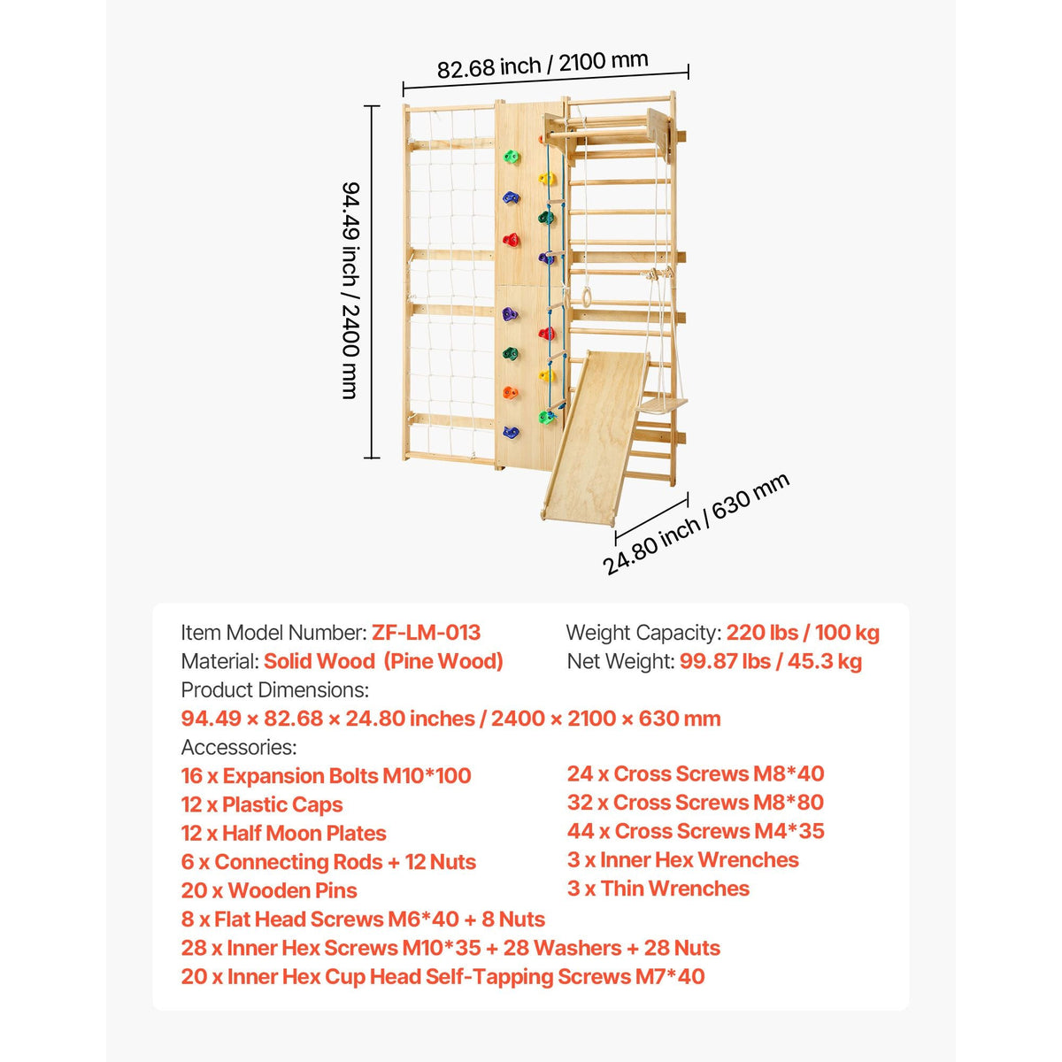Swedish Ladder Wall Gym, 9-in-1 12-Level Solid Wood Gymnastic Stall Bars for Kids Adults, 220LBS Indoor Jungle Gym with Rock Climbing Wall, Gym Rings, Pull-Up Bar, Climbing Board, Slide, Swing