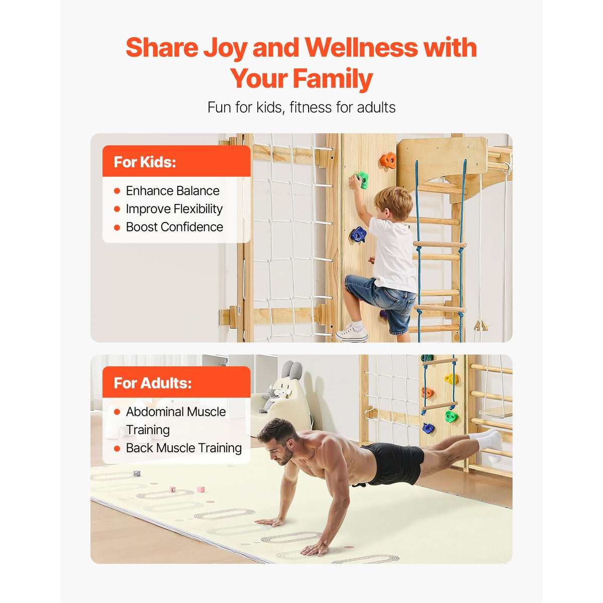 Swedish Ladder Wall Gym, 9-in-1 12-Level Solid Wood Gymnastic Stall Bars for Kids Adults, 220LBS Indoor Jungle Gym with Rock Climbing Wall, Gym Rings, Pull-Up Bar, Climbing Board, Slide, Swing